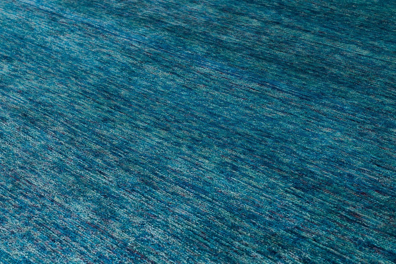 Organic Luxury Teal Blue Silk and Wool Rug with Red End Panels by Joseph Carini In New Condition For Sale In New York, NY
