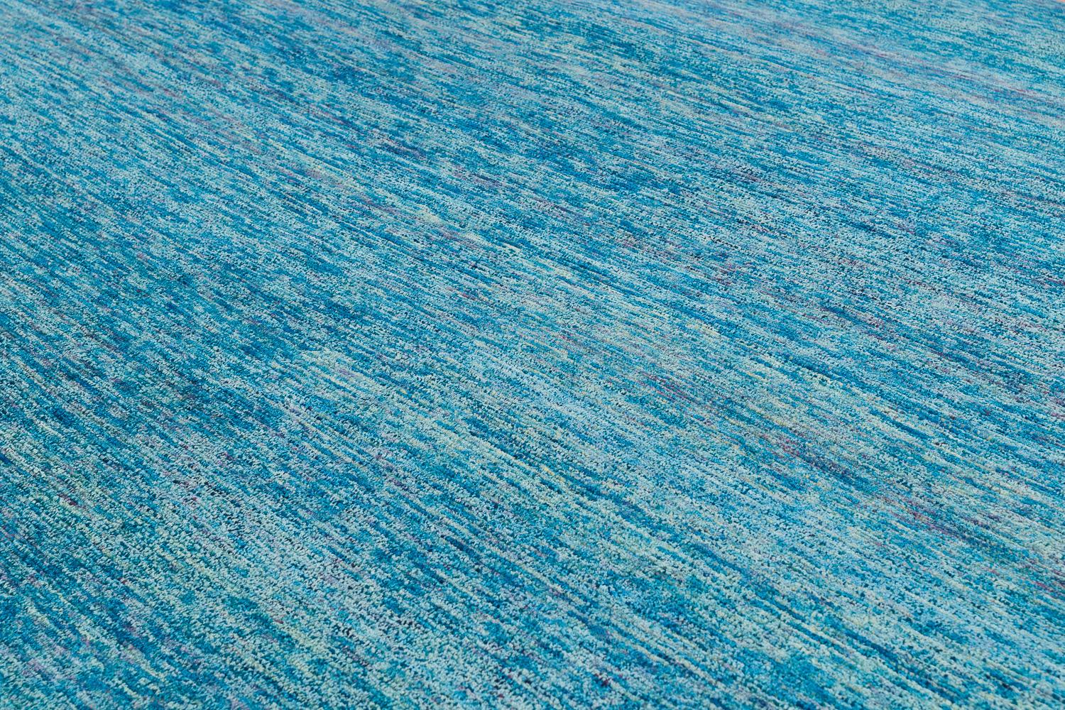 Contemporary Organic Luxury Teal Blue Silk and Wool Rug with Red End Panels by Joseph Carini For Sale