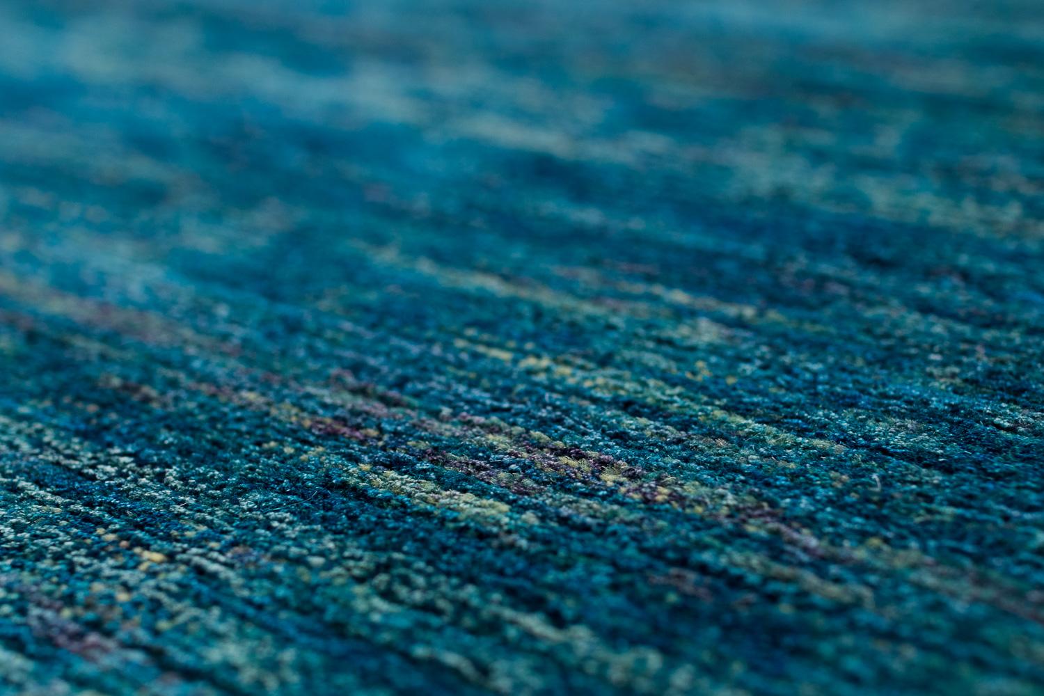 Organic Luxury Teal Blue Silk and Wool Rug with Red End Panels by Joseph Carini For Sale 1