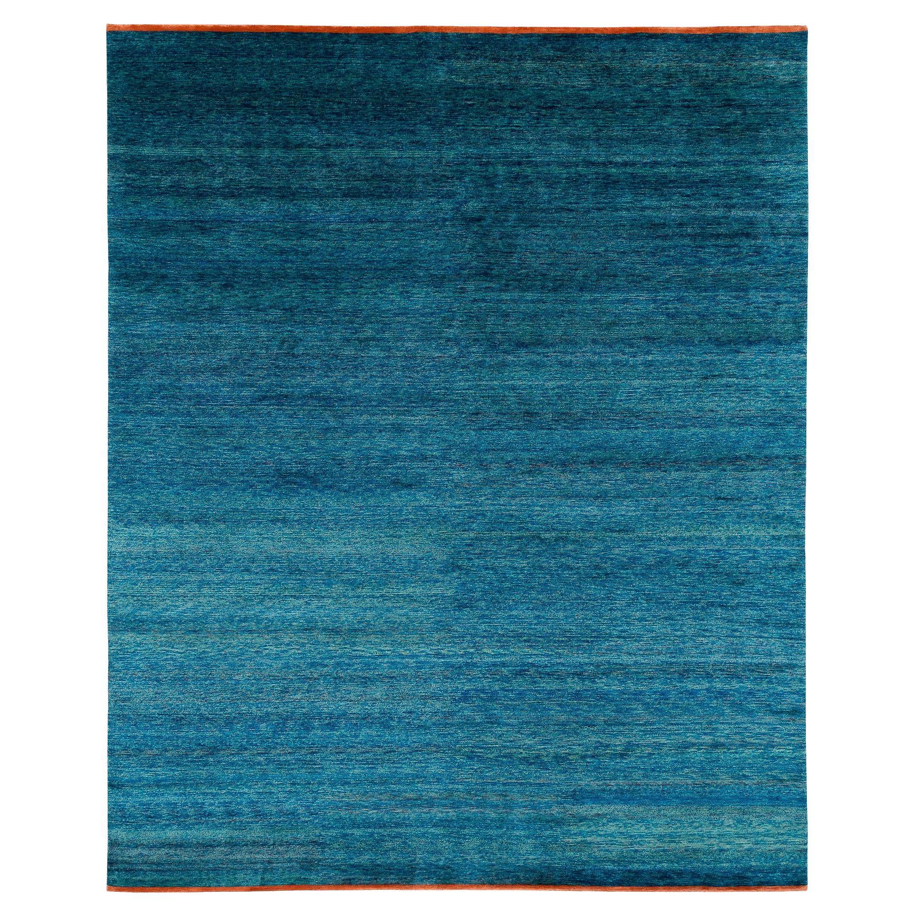 Organic Luxury Teal Blue Silk and Wool Rug with Red End Panels by Joseph Carini