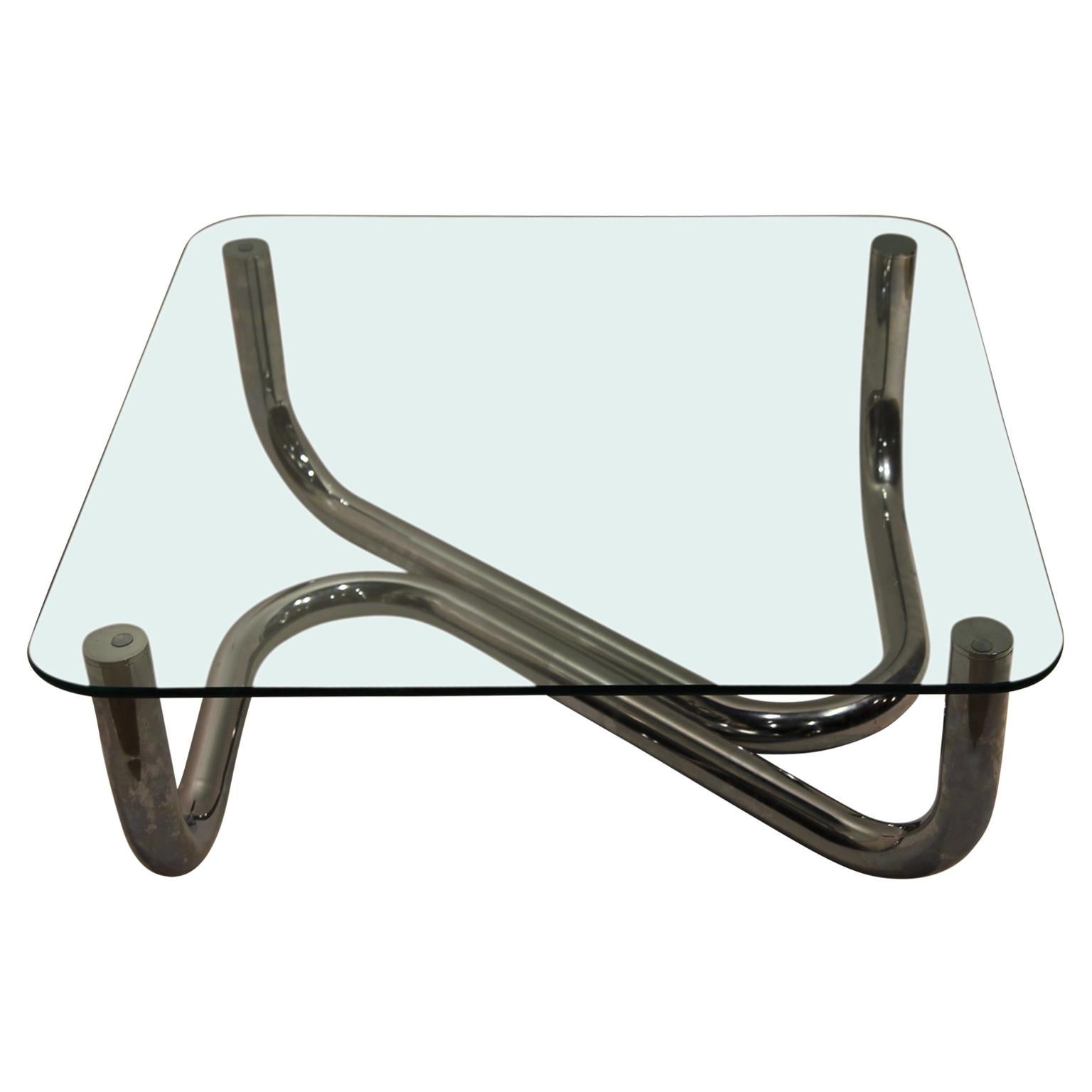 Organic Mid-Century Modern Chrome and Glass Coffee Table, 1970s In Good Condition In Houston, TX