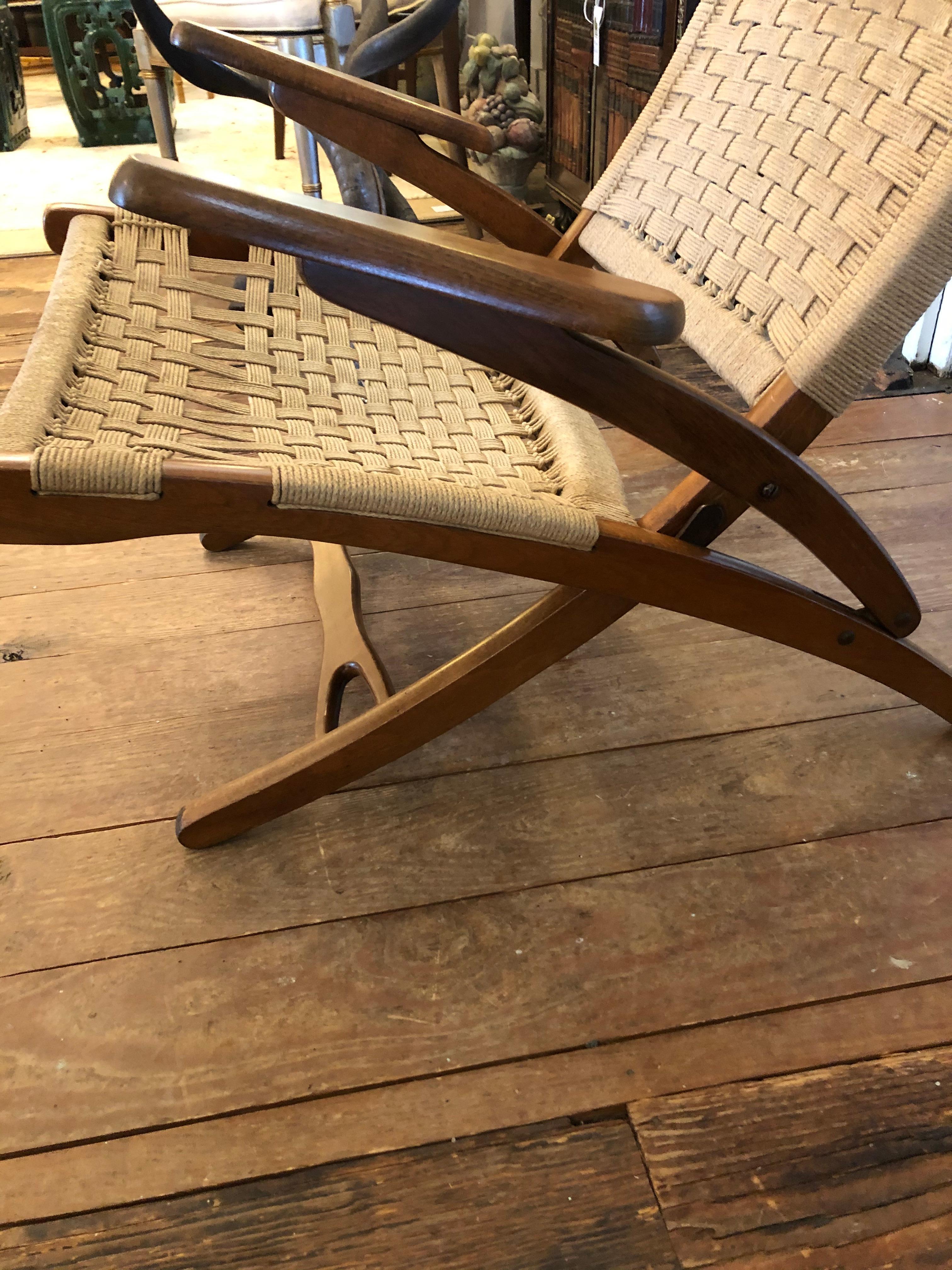 American Organic Mid-Century Modern Woven Rope and Teak Folding Armchair