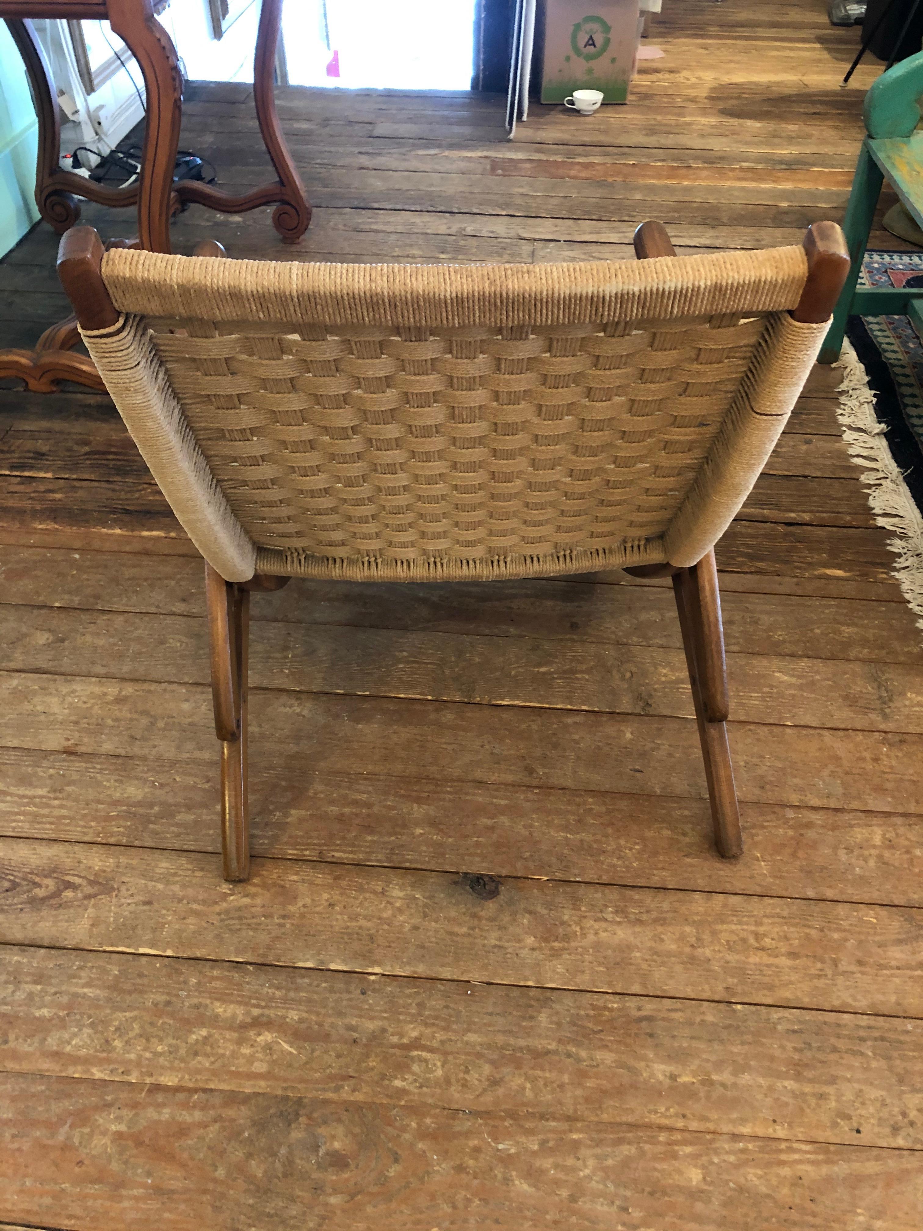 Organic Mid-Century Modern Woven Rope and Teak Folding Armchair 1