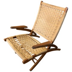 Organic Mid-Century Modern Woven Rope and Teak Folding Armchair