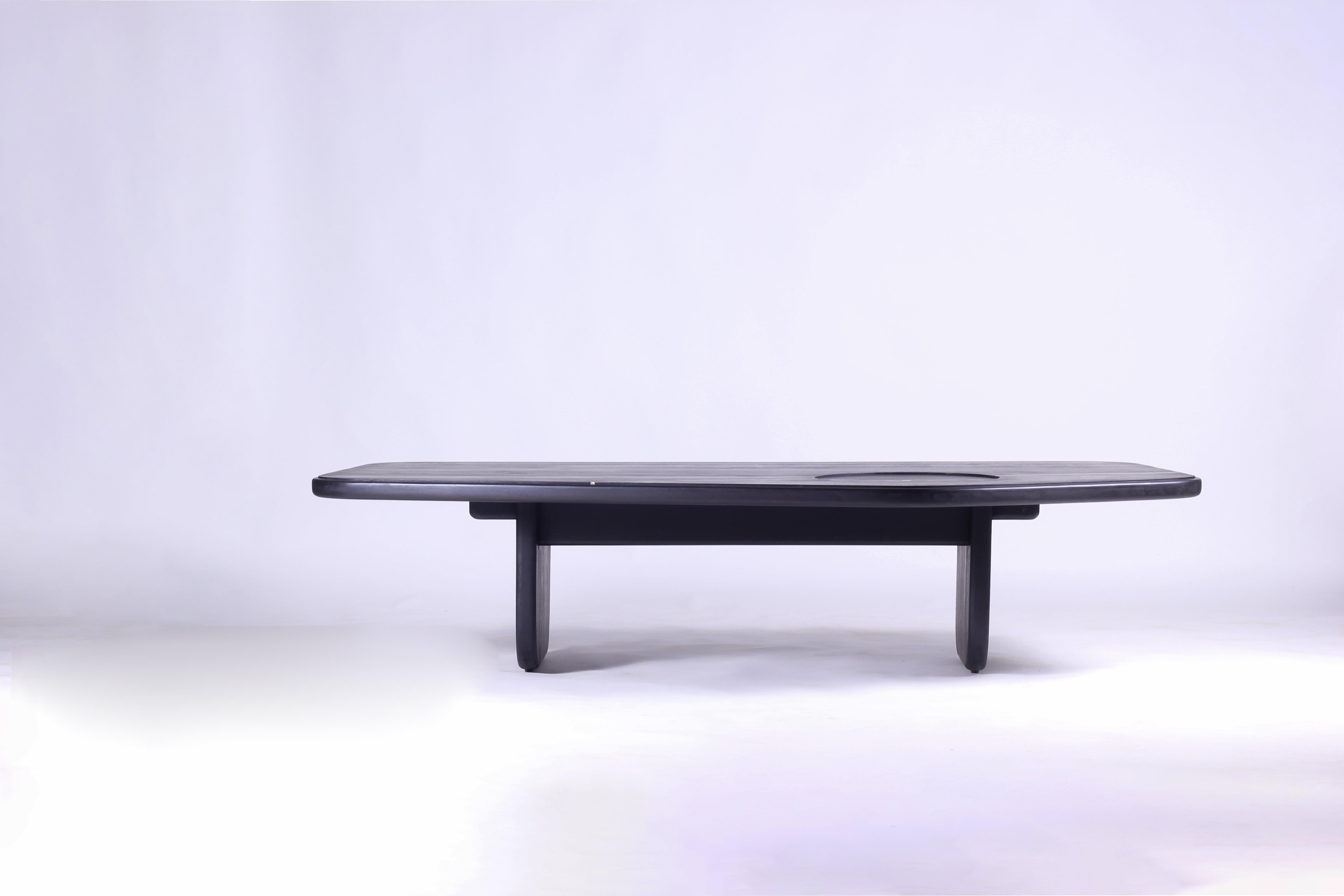 Indian Organic Minimal Handcrafted Solid Wood Oak Black Coffee Table with Brass Inlay For Sale