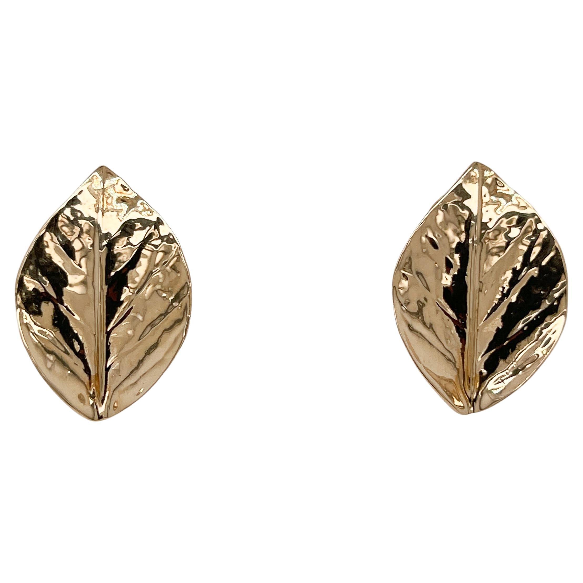 Organic Modern 14 Karat Gold Leaf-Shaped Post Earrings For Sale