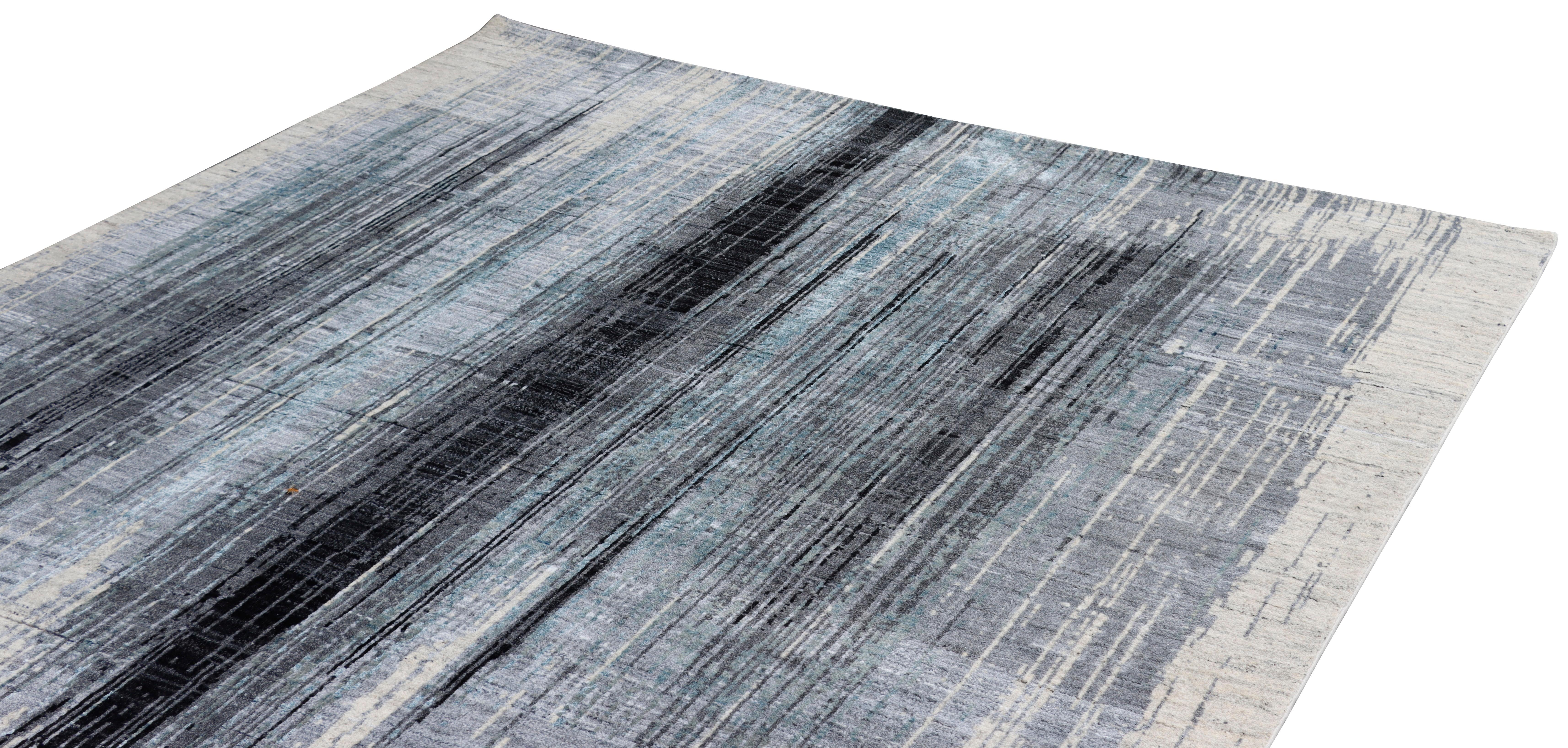 Handgeknüpfter Teppich aus Wolle in Beige und Blau mit abstraktem Aquarellmuster, Moderne der Moderne (Indisch) im Angebot