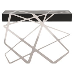 Table console d'appoint organique en laque noire et acier inoxydable brossé