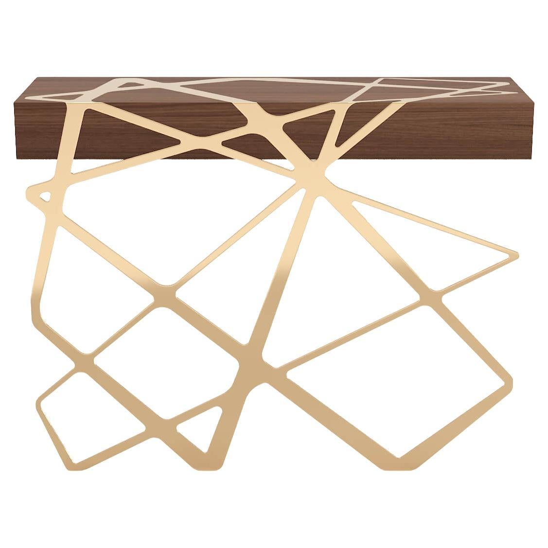 Tavolo da console moderno organico in Wood Wood e ottone spazzolato