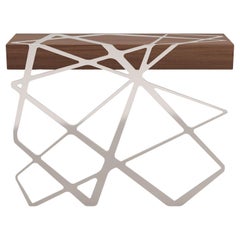 Organic Modern Accent Console Table in Walnut Wood and Brushed Stainless Steel
