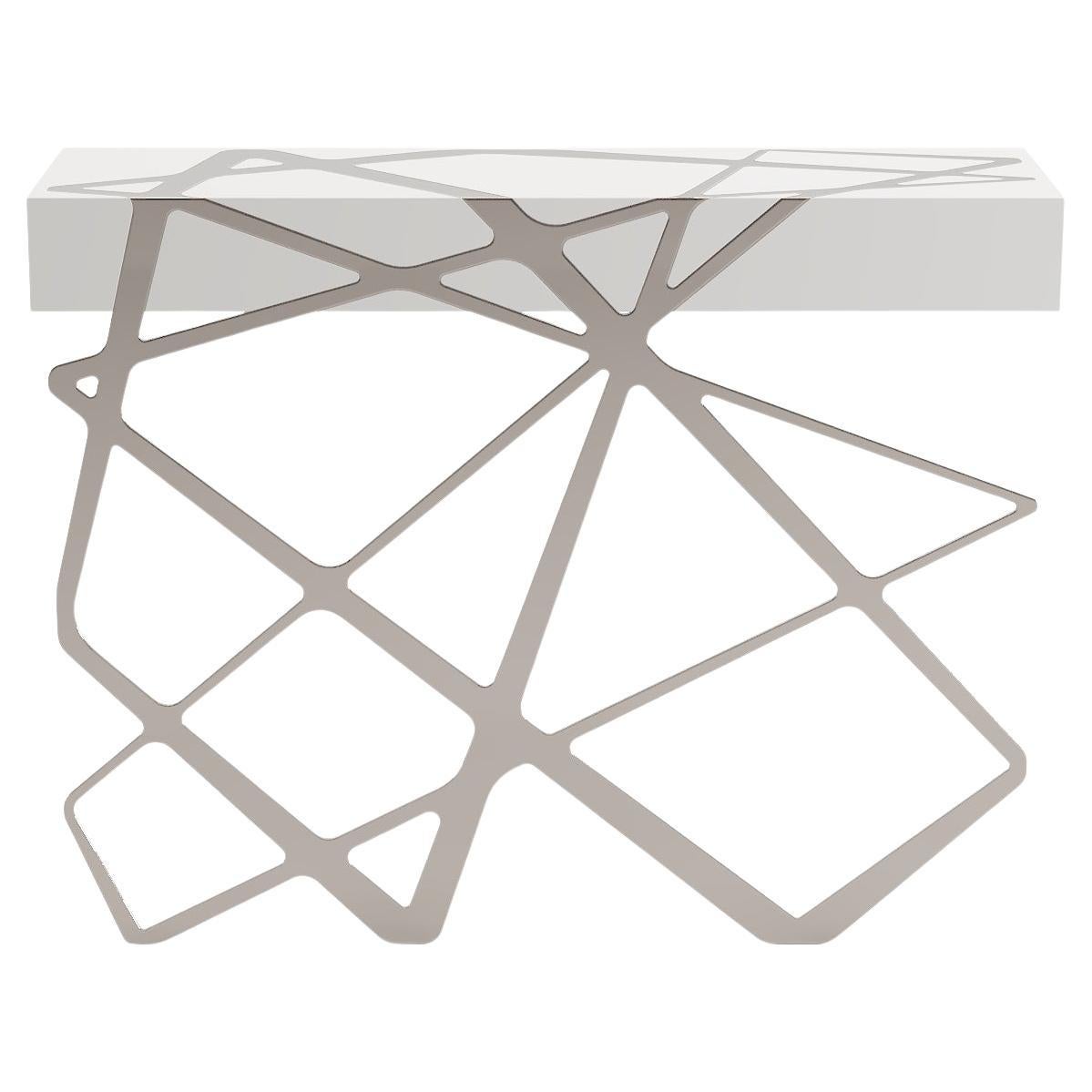 Organic Modern Accent Console Table White Lacquer and Polished Stainless Steel For Sale