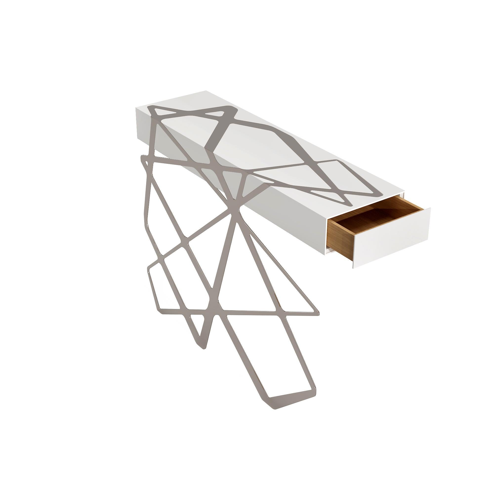 Organic Modern Accent Console Table White Lacquer and Polished Stainless Steel For Sale 3