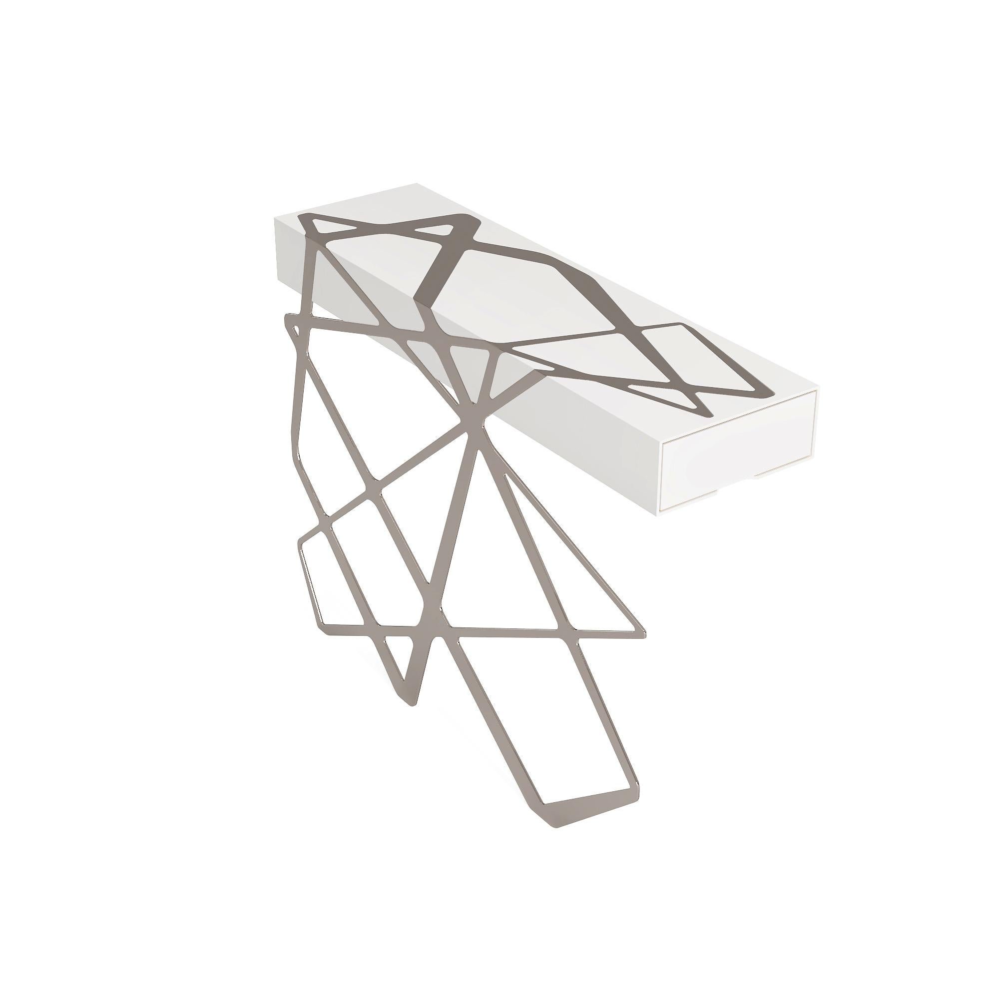 Organic Modern Accent Console Table White Lacquer and Polished Stainless Steel For Sale 2