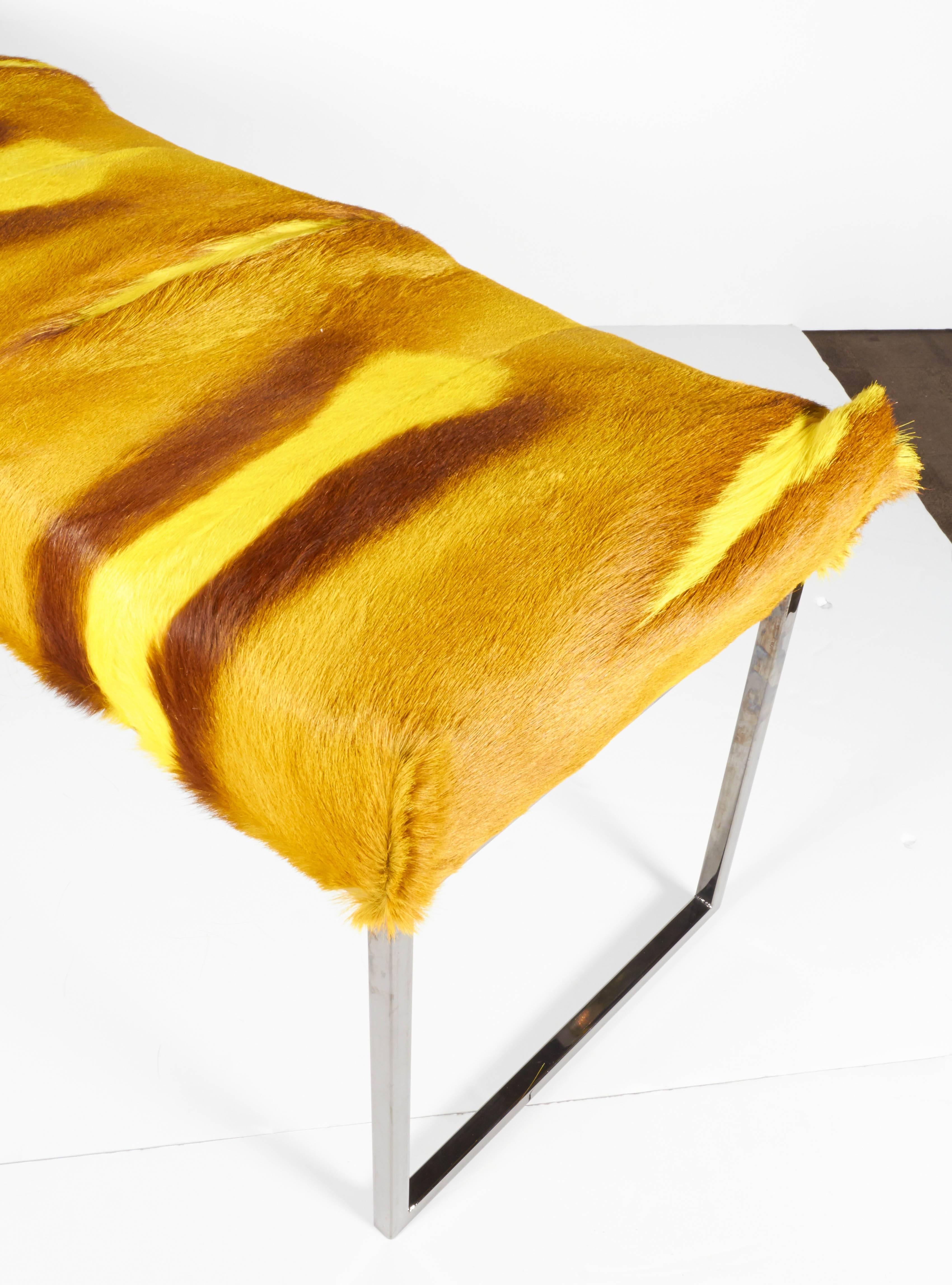 Dyed Organic Modern African Springbok Fur Bench in Vibrant Yellow