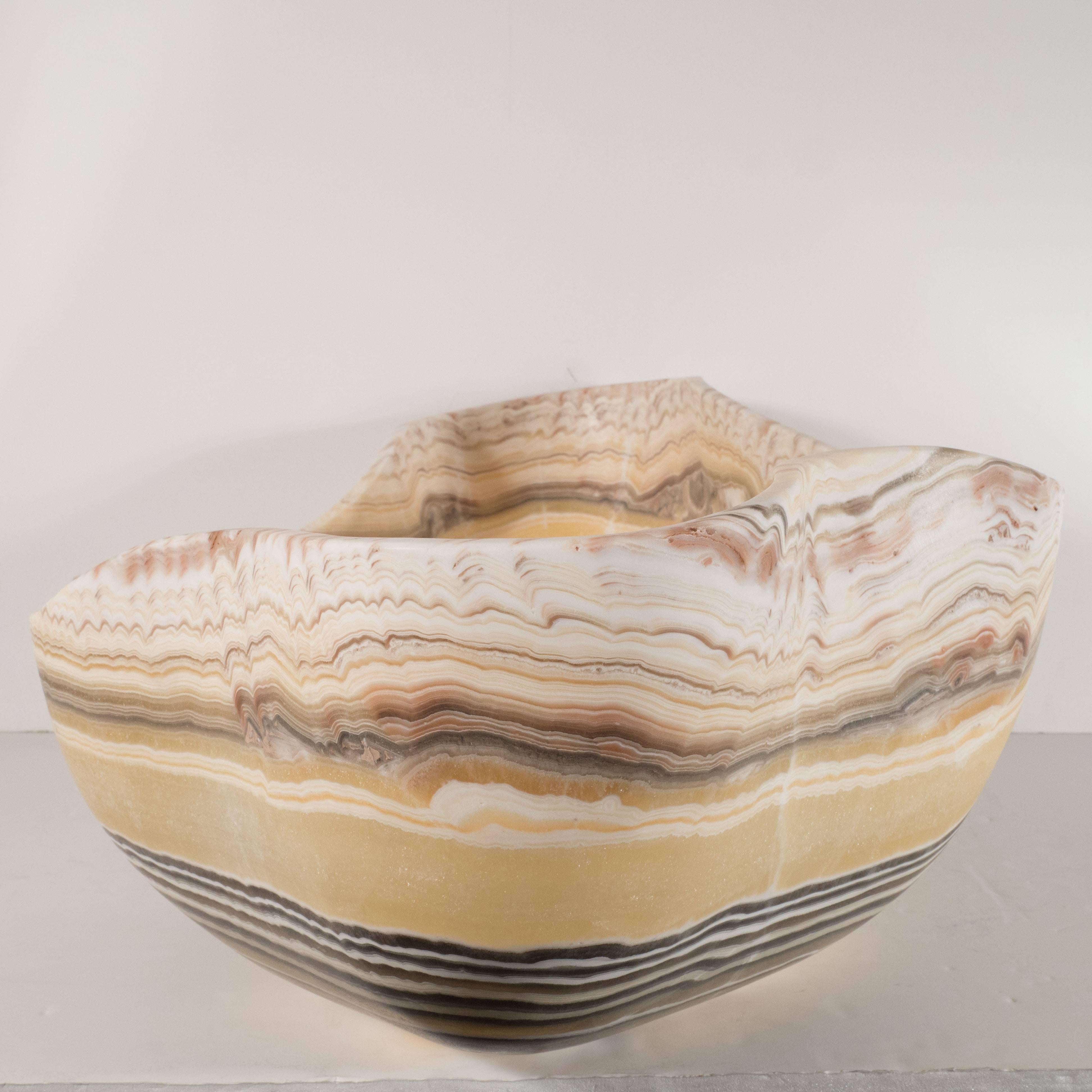 Brazilian Organic Modern Agate Bowl with Grisaille Bands against a Honeyed Background