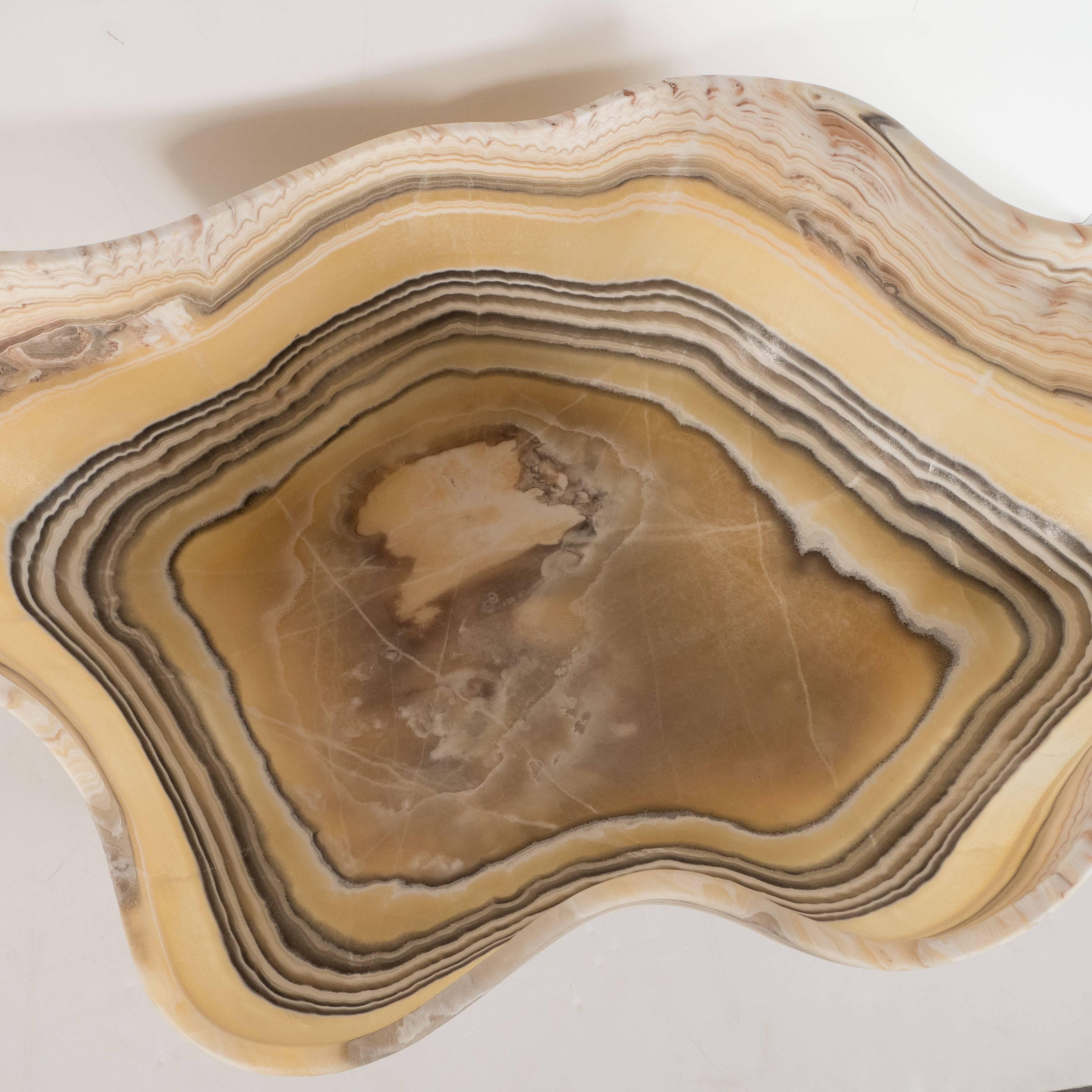 Contemporary Organic Modern Agate Bowl with Grisaille Bands against a Honeyed Background