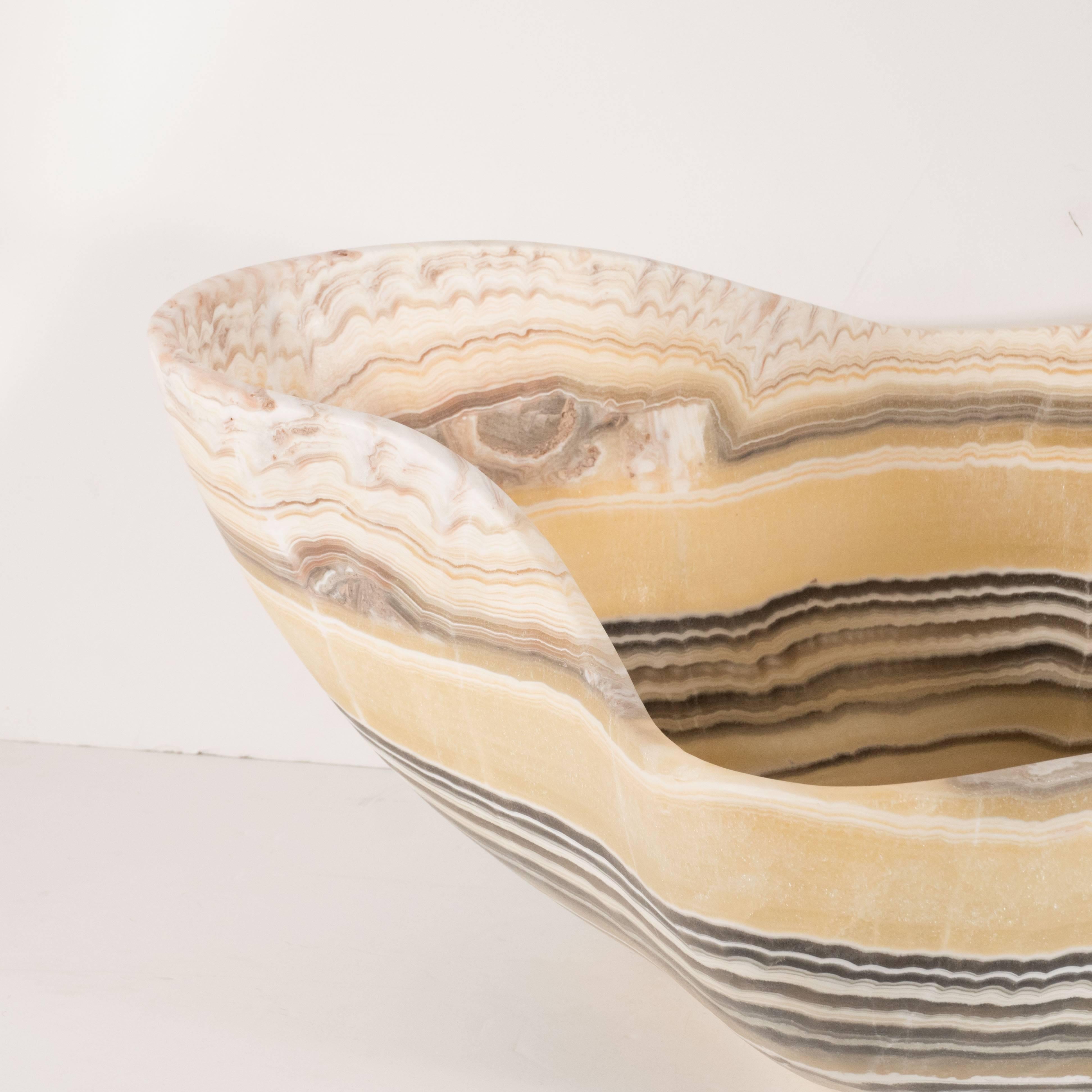 Organic Modern Agate Bowl with Grisaille Bands against a Honeyed Background 1