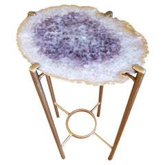 Organic Modern Amethyst White and Tan Geode Table with Gold Gilt Base