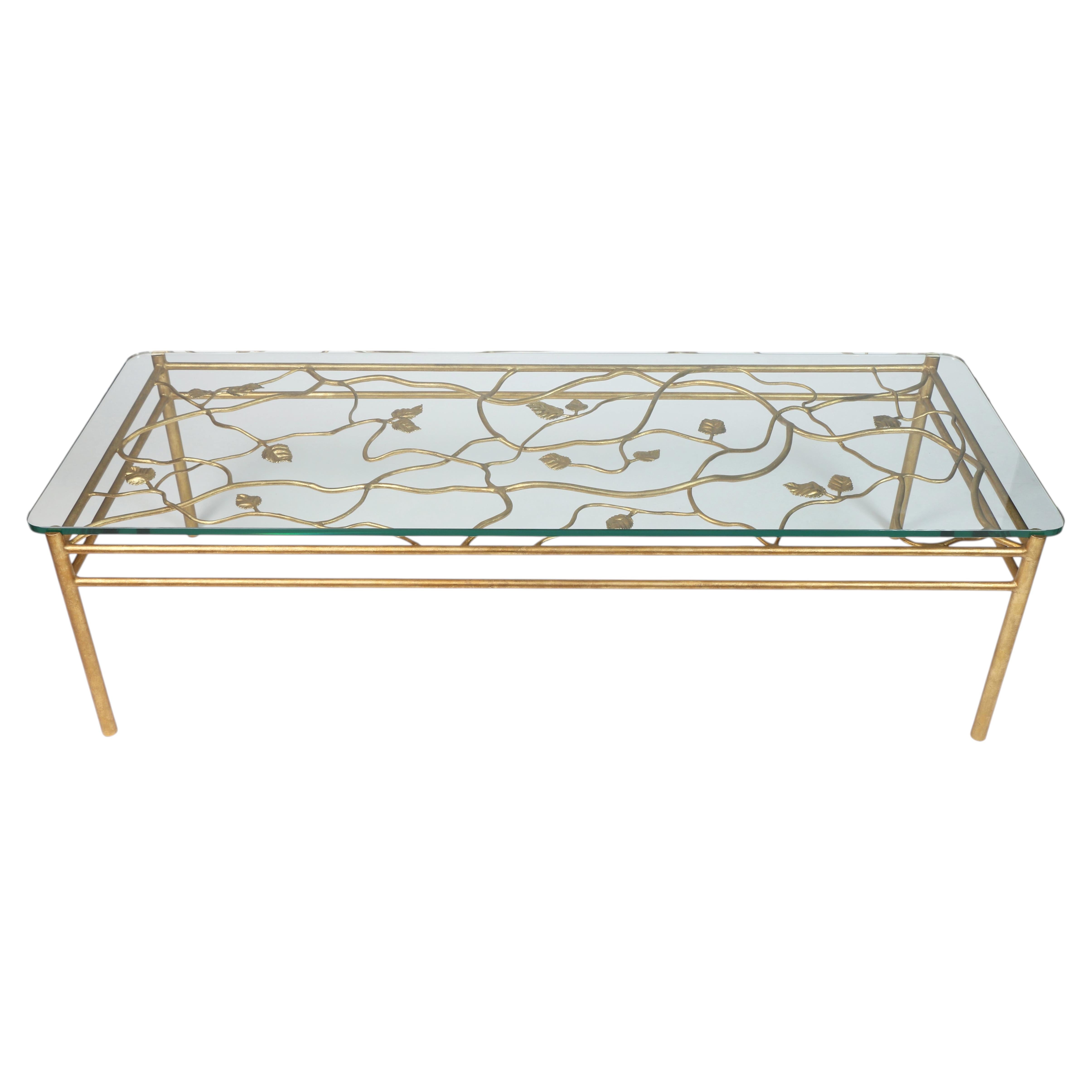 Organic Modern Appian Coffee Table, Gold Leaf, Glass Top, Handmade by Benediko For Sale