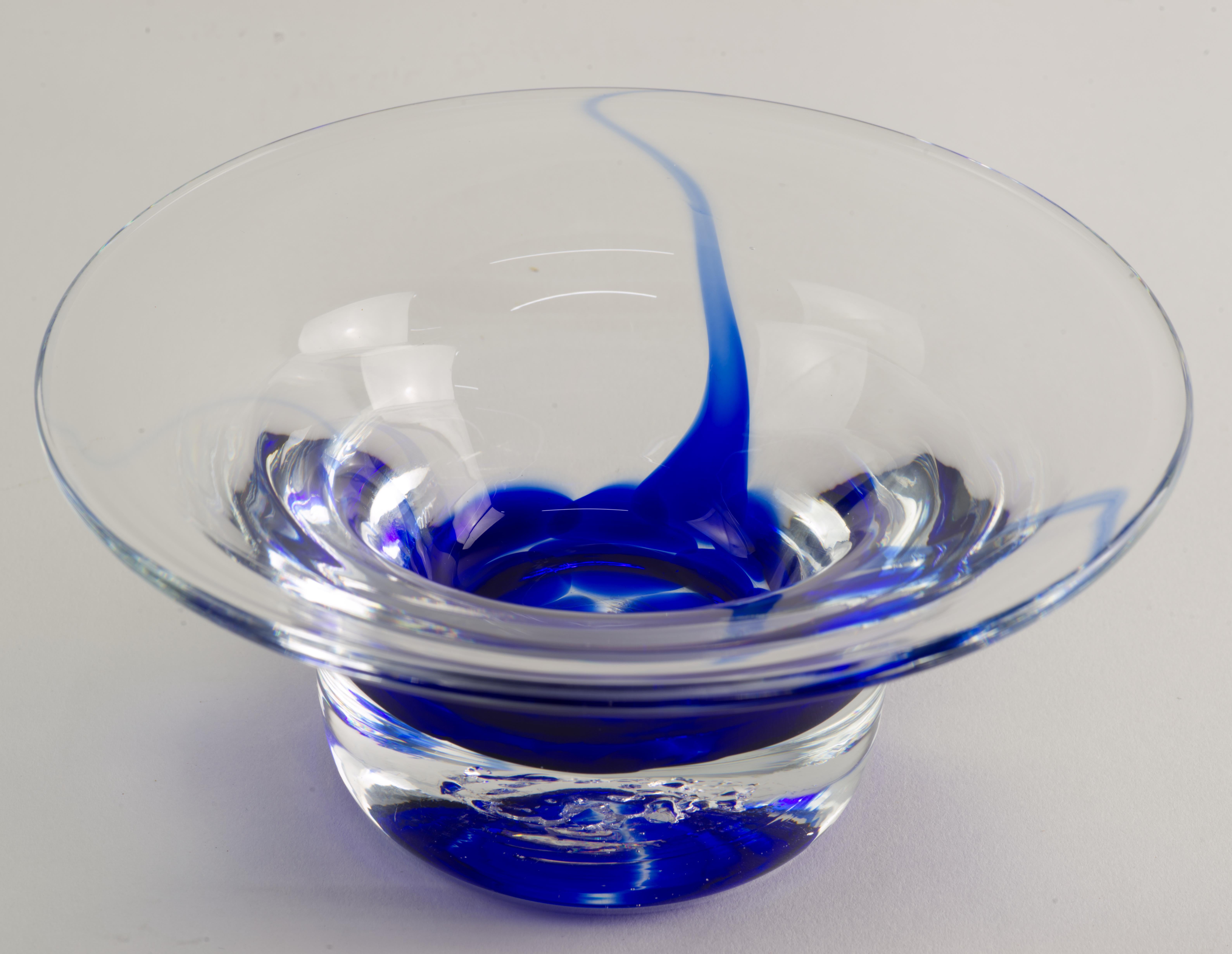 Post-Modern Organic Modern Art Glass Fused Cobalt Blue and Clear Bowl, Hand-blown
