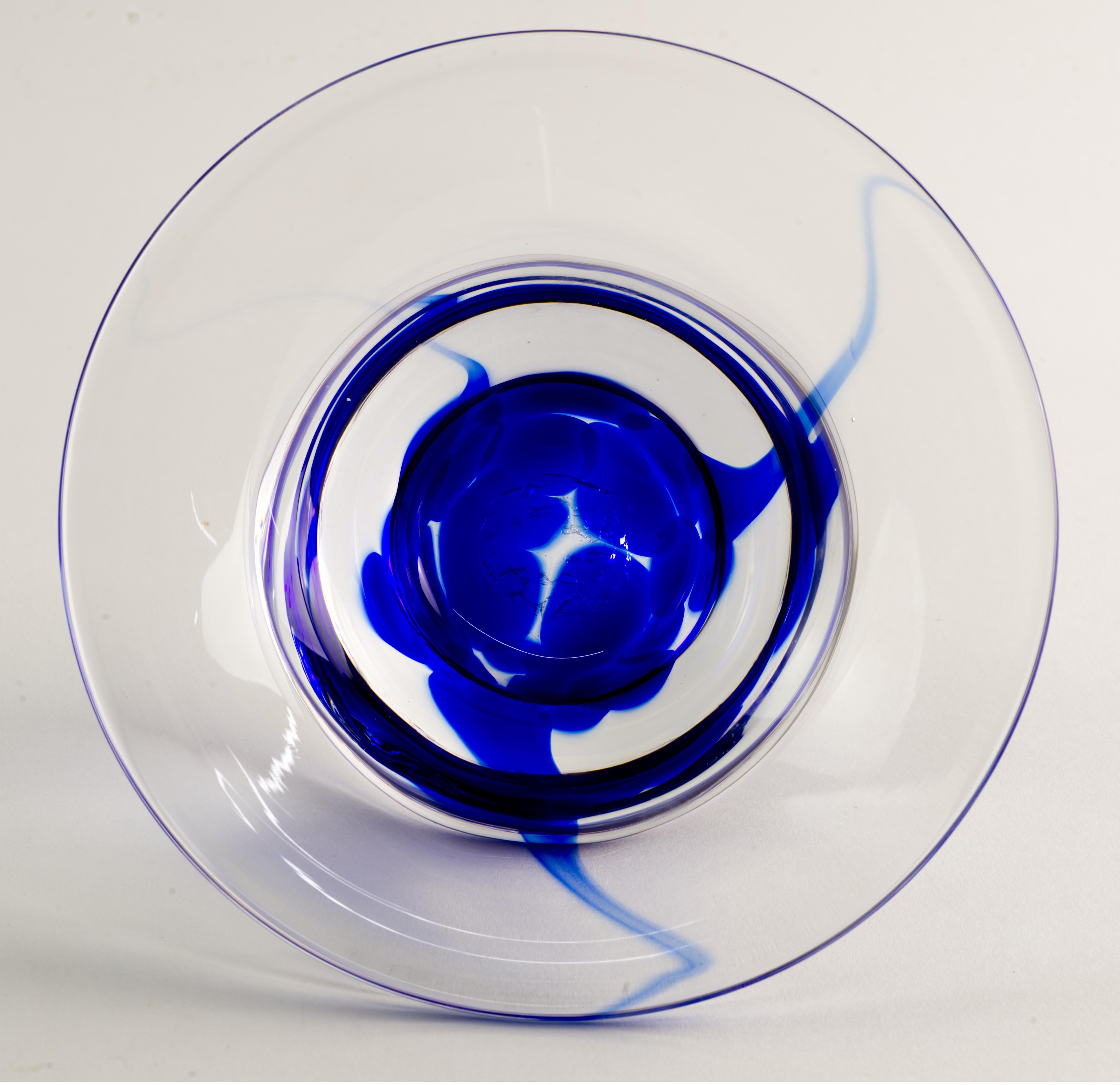 American Organic Modern Art Glass Fused Cobalt Blue and Clear Bowl, Hand-blown