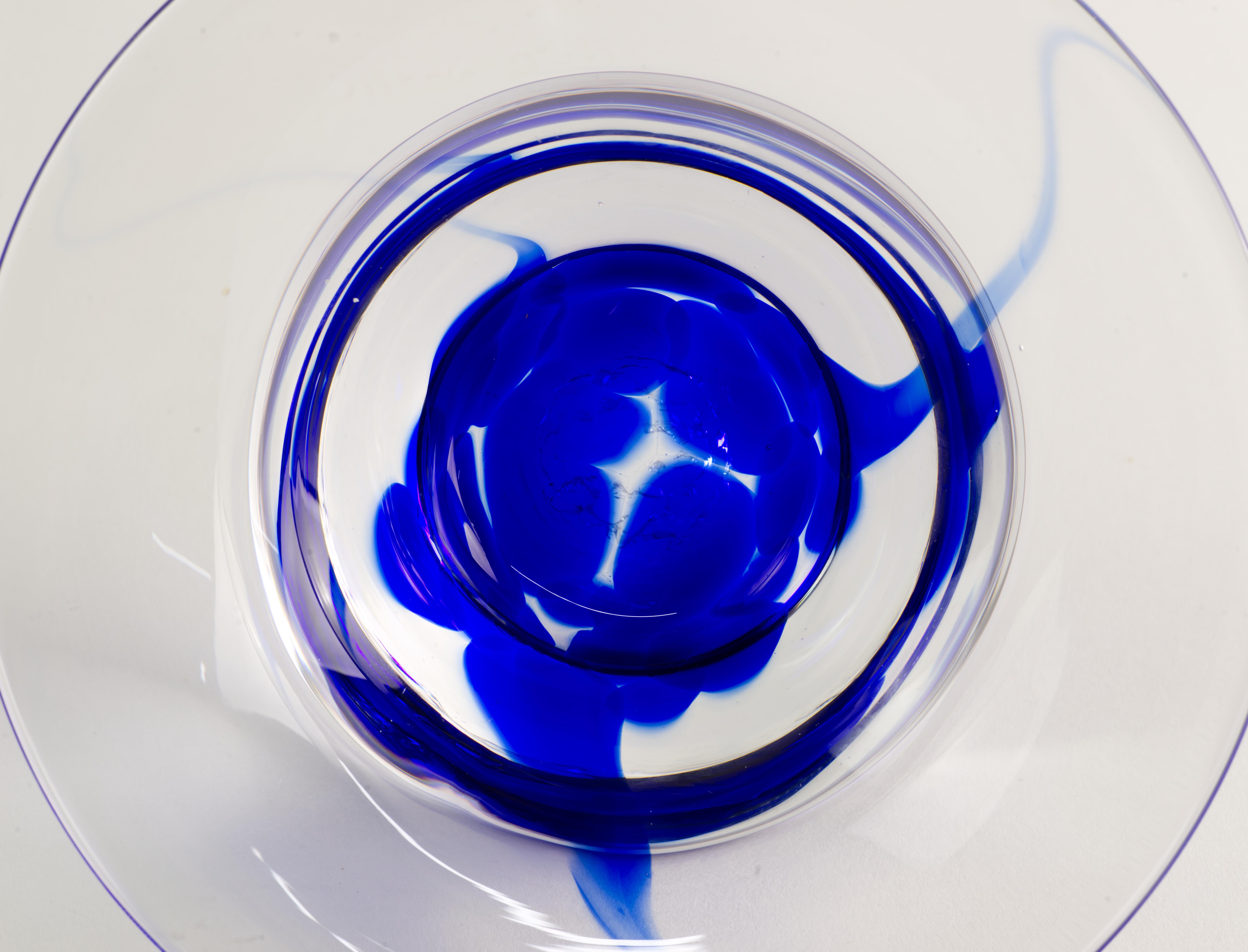 Hand-Crafted Organic Modern Art Glass Fused Cobalt Blue and Clear Bowl, Hand-blown