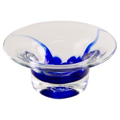 Organic Modern Art Glass Fused Cobalt Blue and Clear Bowl, Hand-blown