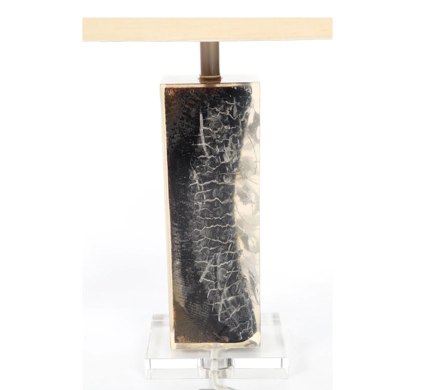 Chrome Organic Modern Authentic Pair of Petrified Wood Lucite Lamps-Stunning For Sale