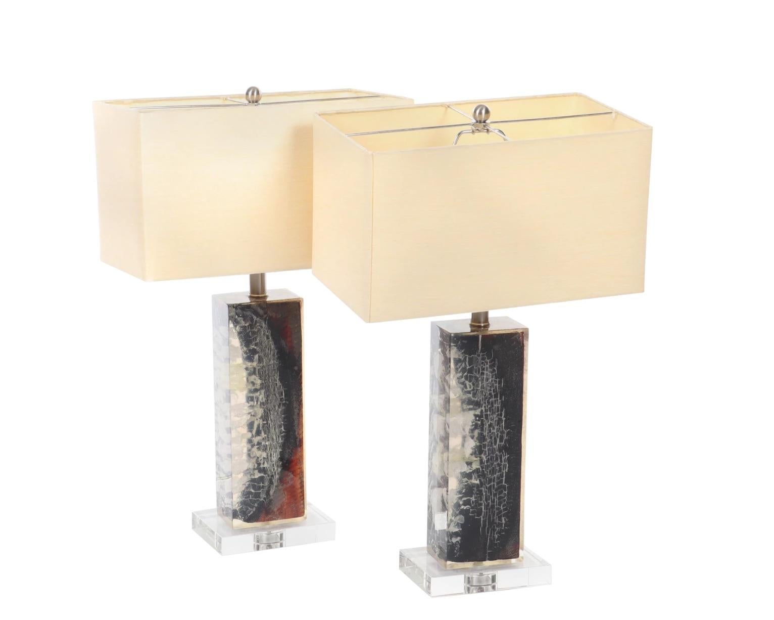 Organic Modern Authentic Pair of Petrified Wood Lucite Lamps-Stunning For Sale 3