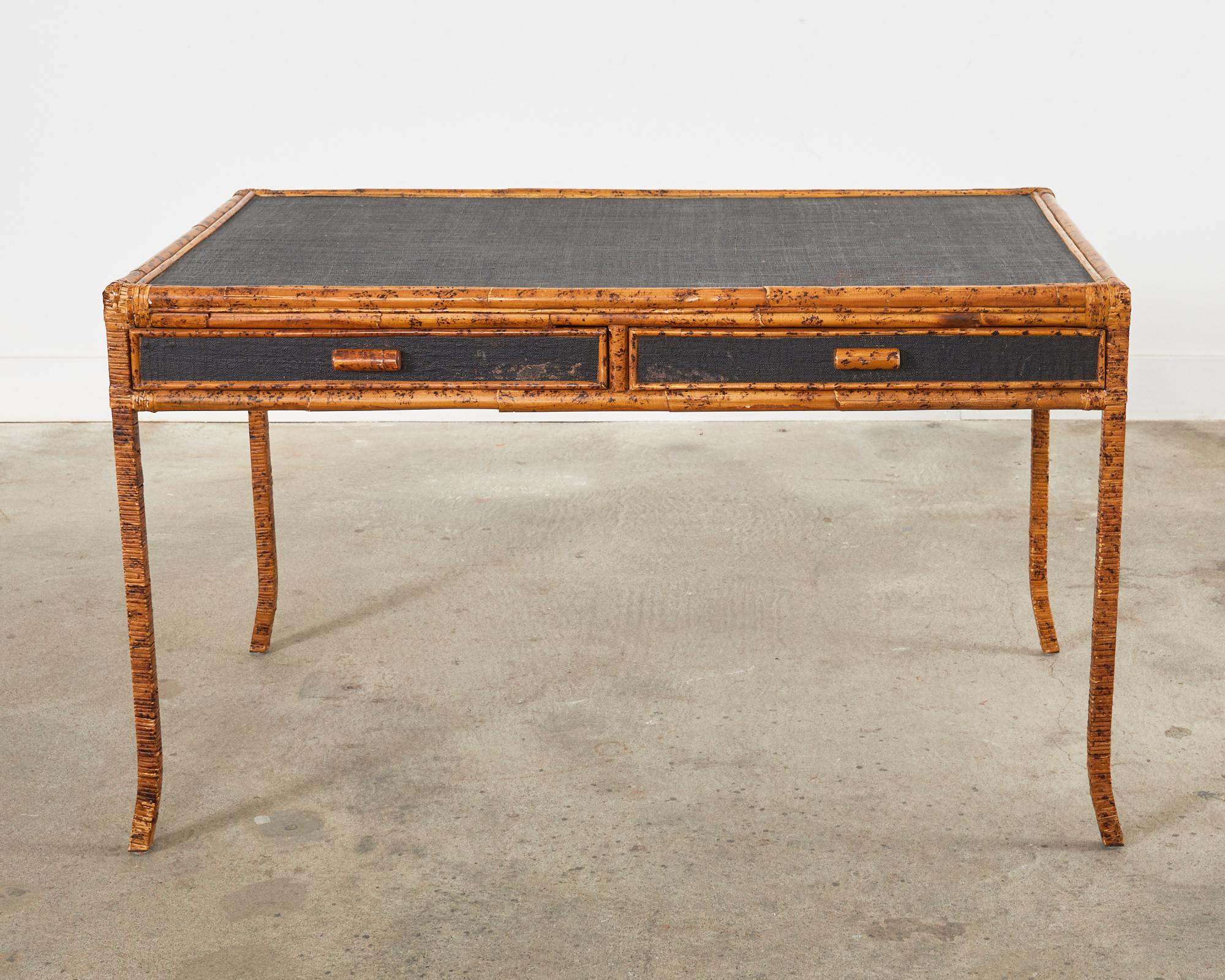 Organic Modern Bamboo Rattan Grasscloth Writing Table Desk In Good Condition In Rio Vista, CA