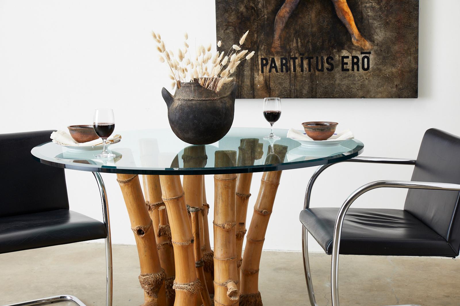 Beveled Organic Modern Bamboo Root Glass Top Dining Table