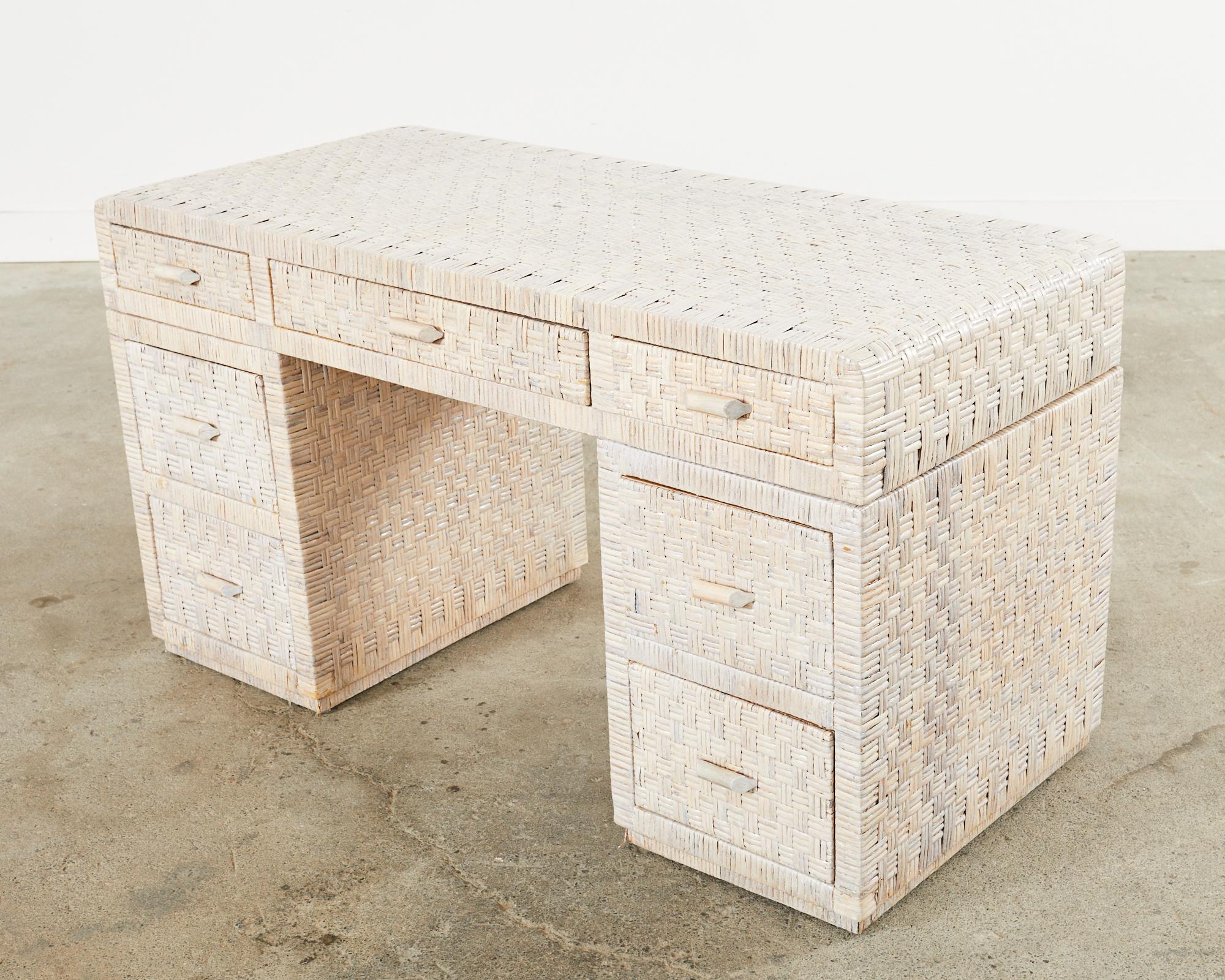 Organic Modern Basket Weave Cerused Wicker Kneehole Pedestal Desk For Sale 10