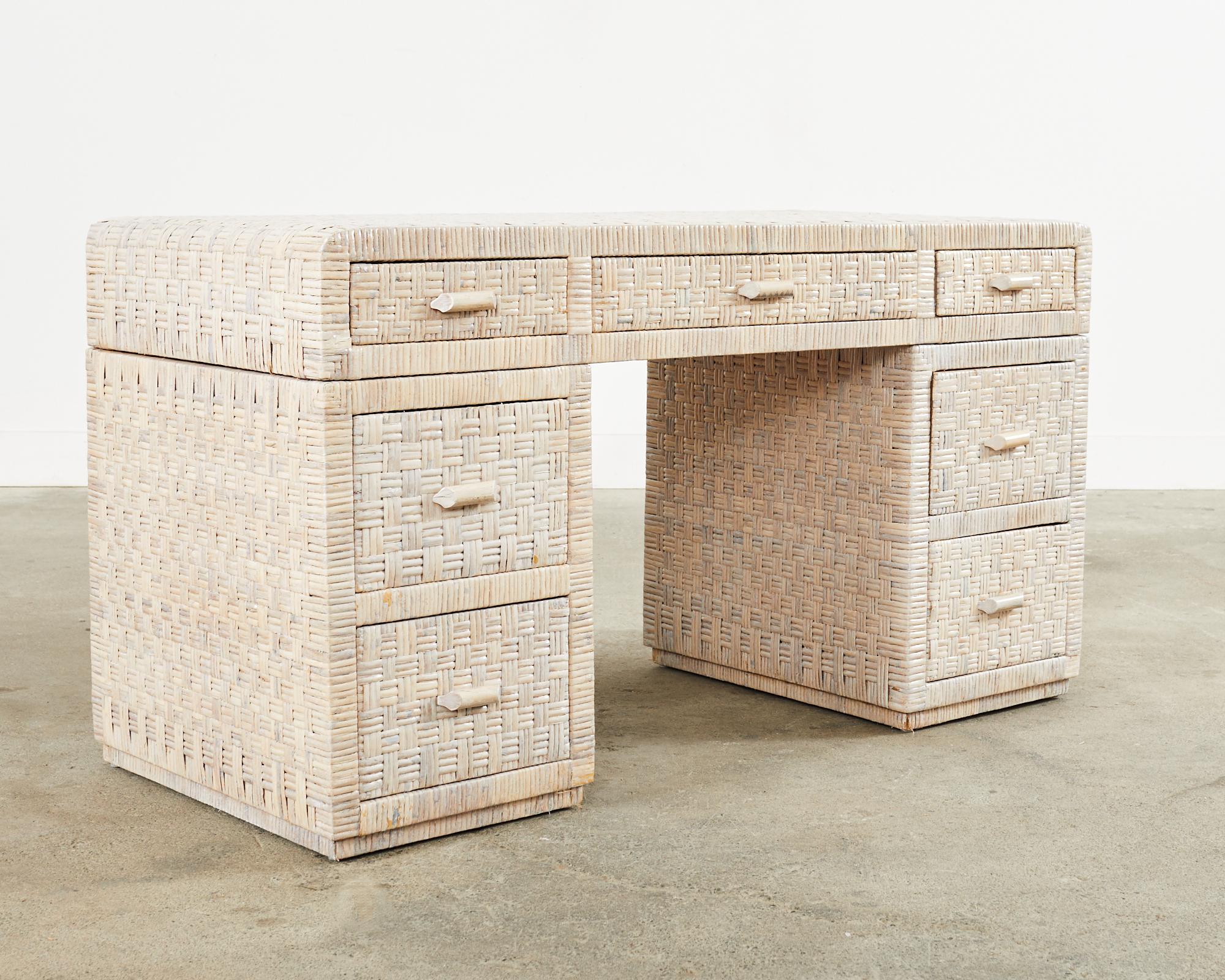 Organic Modern Basket Weave Cerused Wicker Kneehole Pedestal Desk For Sale 11