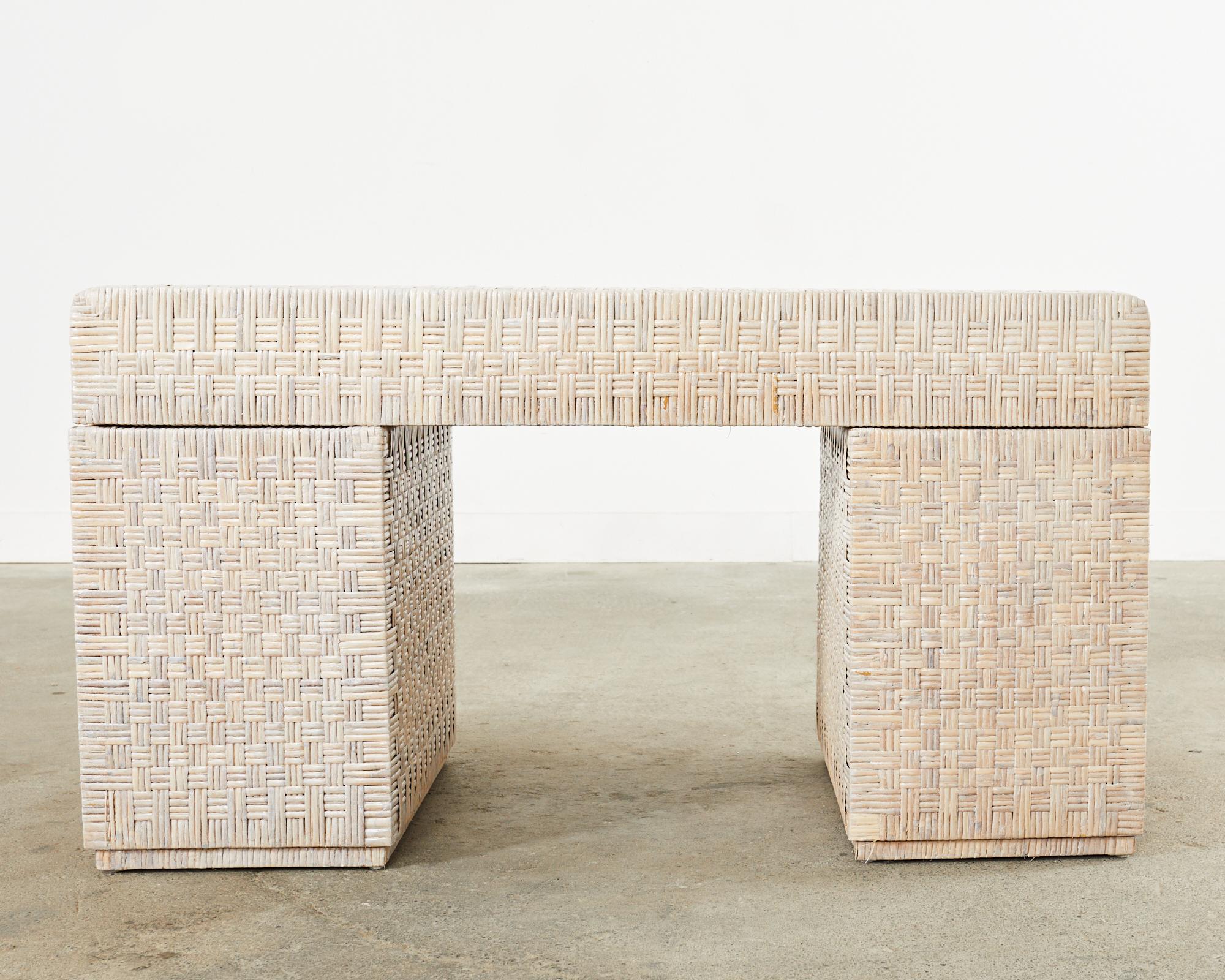 Organic Modern Basket Weave Cerused Wicker Kneehole Pedestal Desk For Sale 14