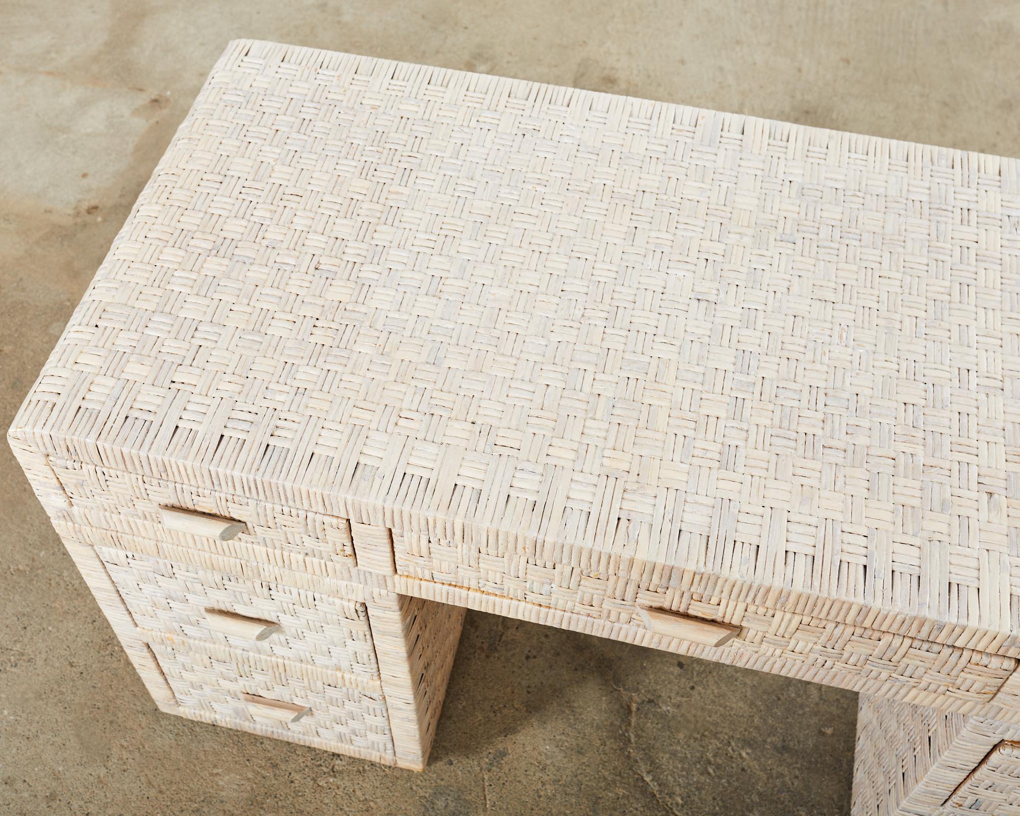 Organic Modern Basket Weave Cerused Wicker Kneehole Pedestal Desk For Sale 1