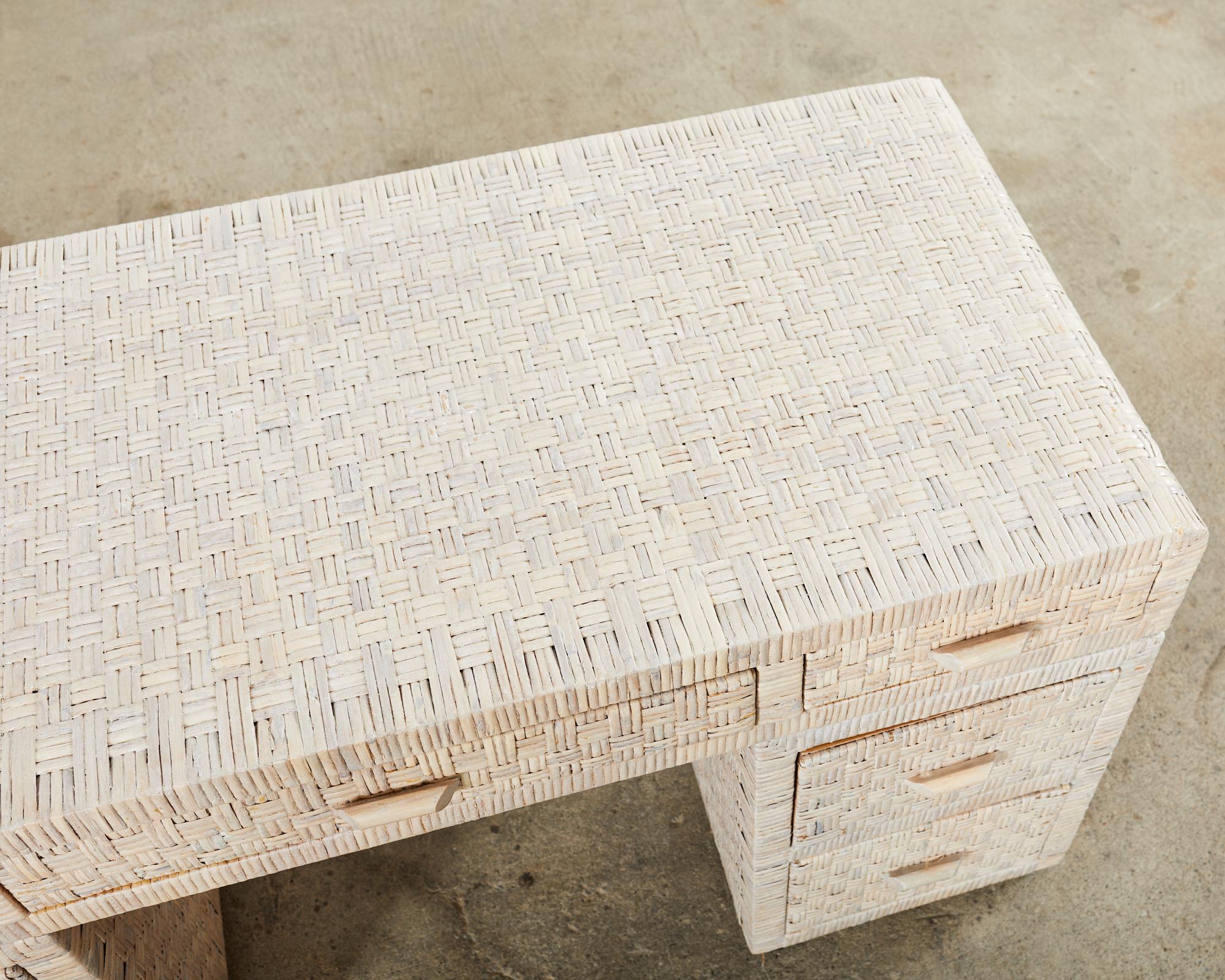Organic Modern Basket Weave Cerused Wicker Kneehole Pedestal Desk For Sale 2