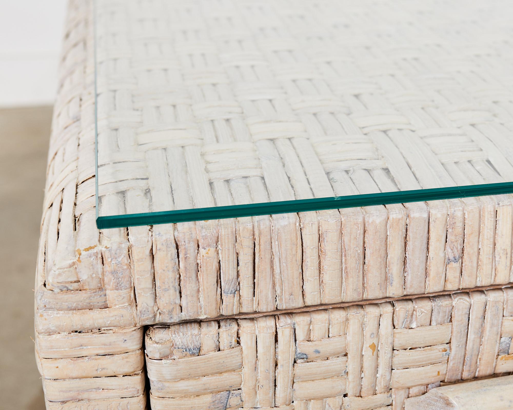 Organic Modern Basket Weave Cerused Wicker Kneehole Pedestal Desk For Sale 3