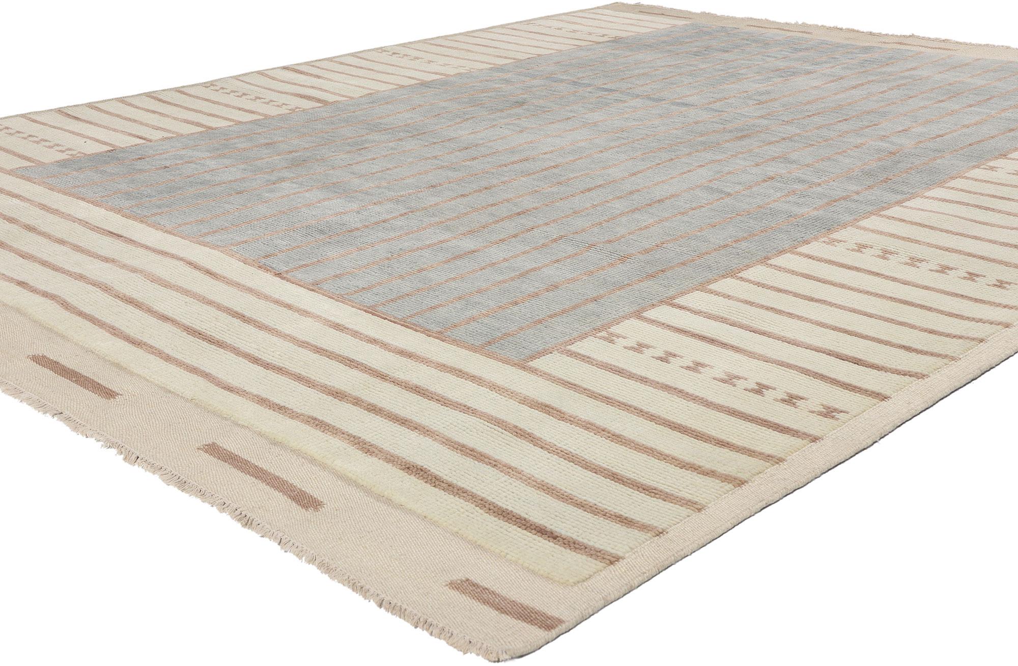 31313 New Organic Brutalist Moroccan Rug, 08'00 x 09'10. Discover the exquisite charm of our hand-knotted wool Organic Brutalist Striped Moroccan rug, a masterpiece that seamlessly marries rugged modernism with timeless elegance. This captivating
