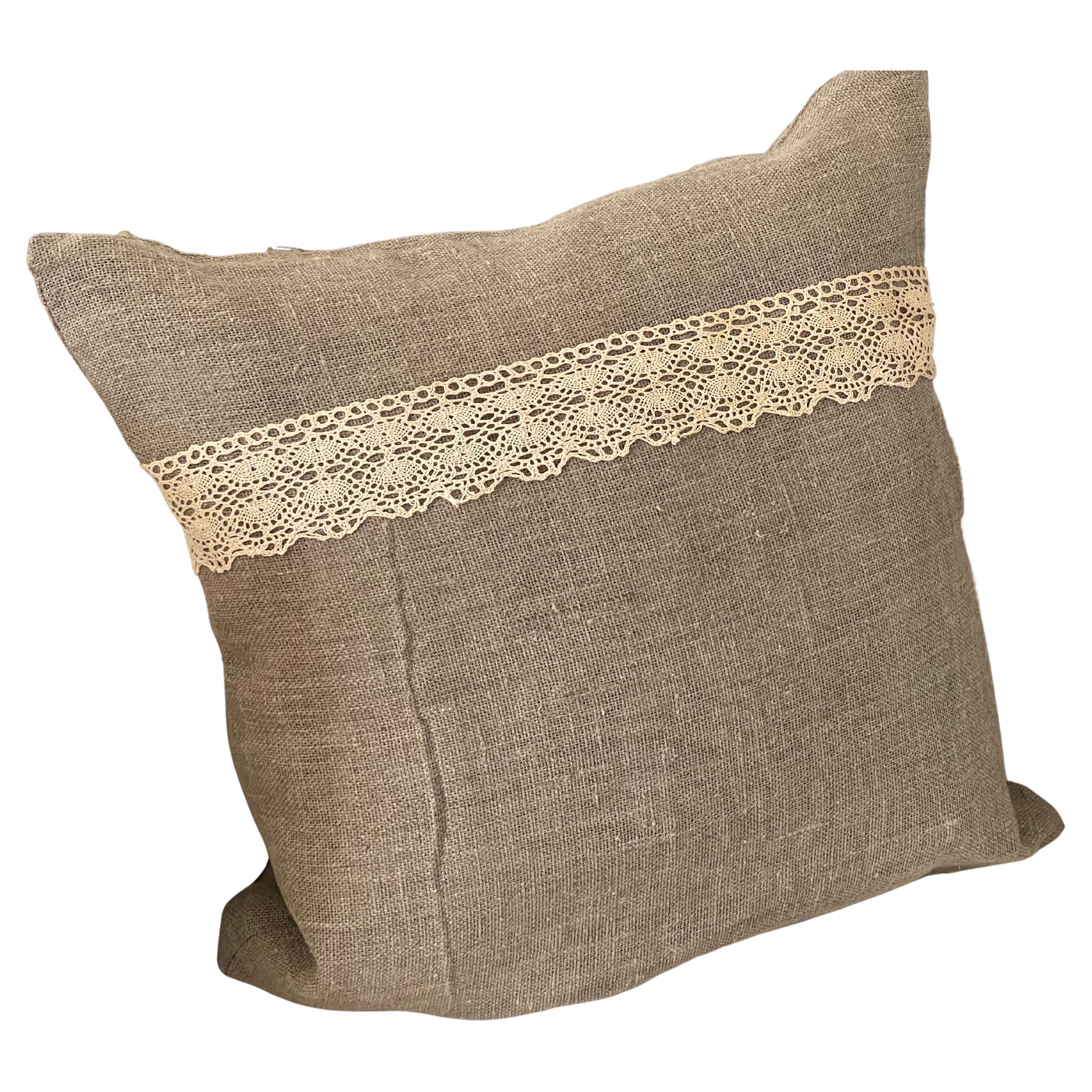 Organic Modern Belgian Linen And Lace Pillow