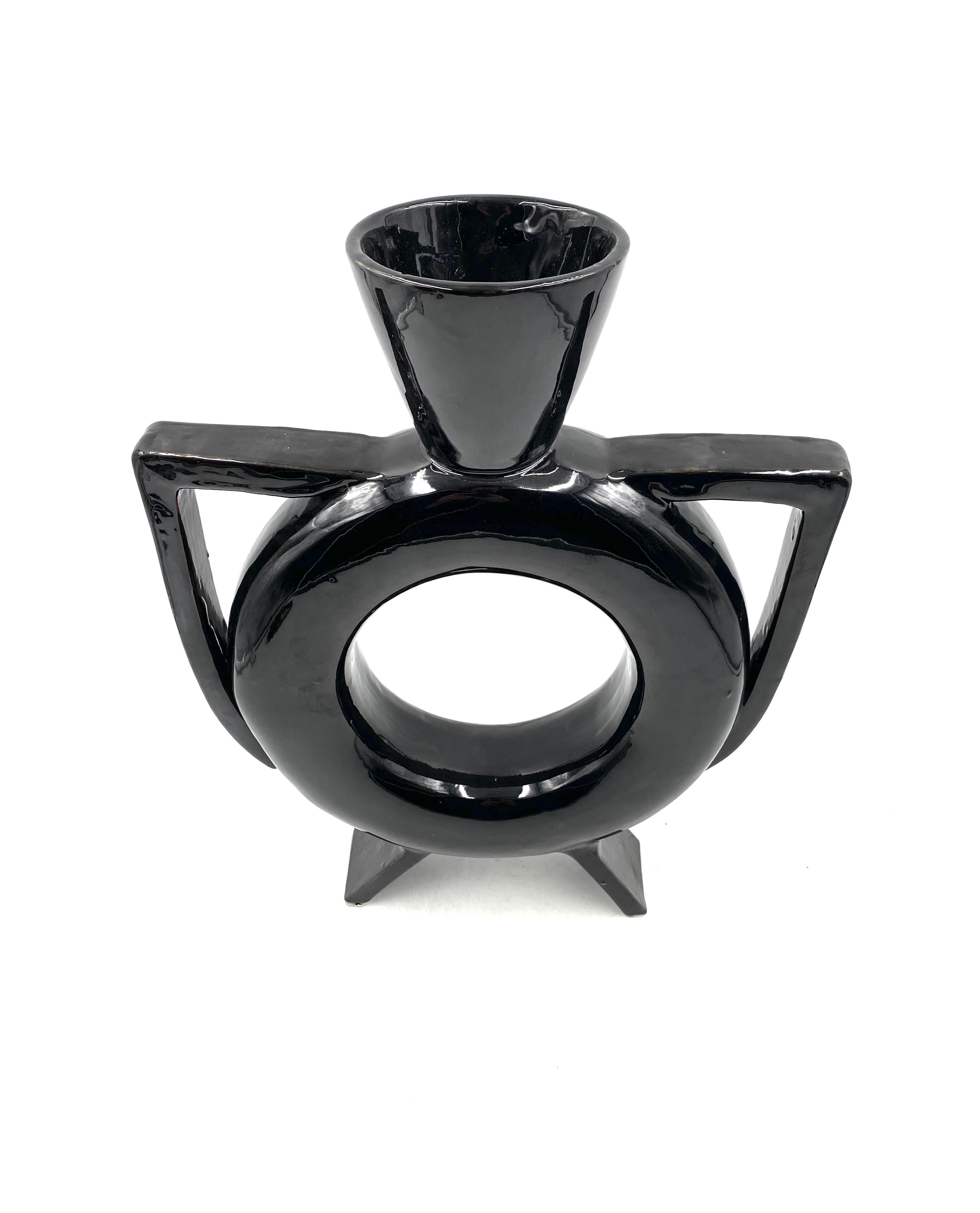Organic modern black ceramic vase, Italy 1980s For Sale 7