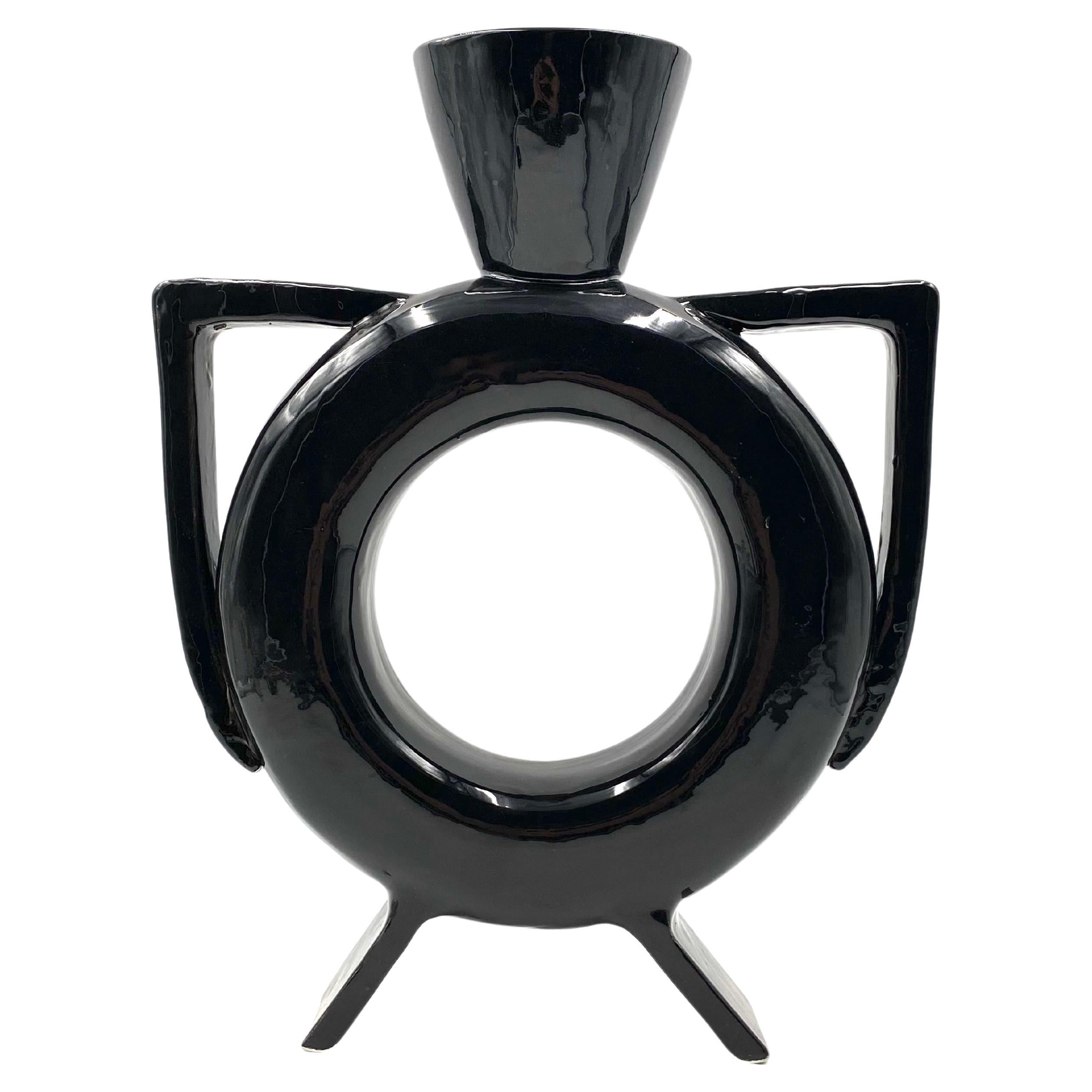 Vase moderne organique en céramique noire, Italie 1980