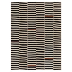 Organic Modern Black & Ivory Flatweave Rug in Hand-Spun Wool