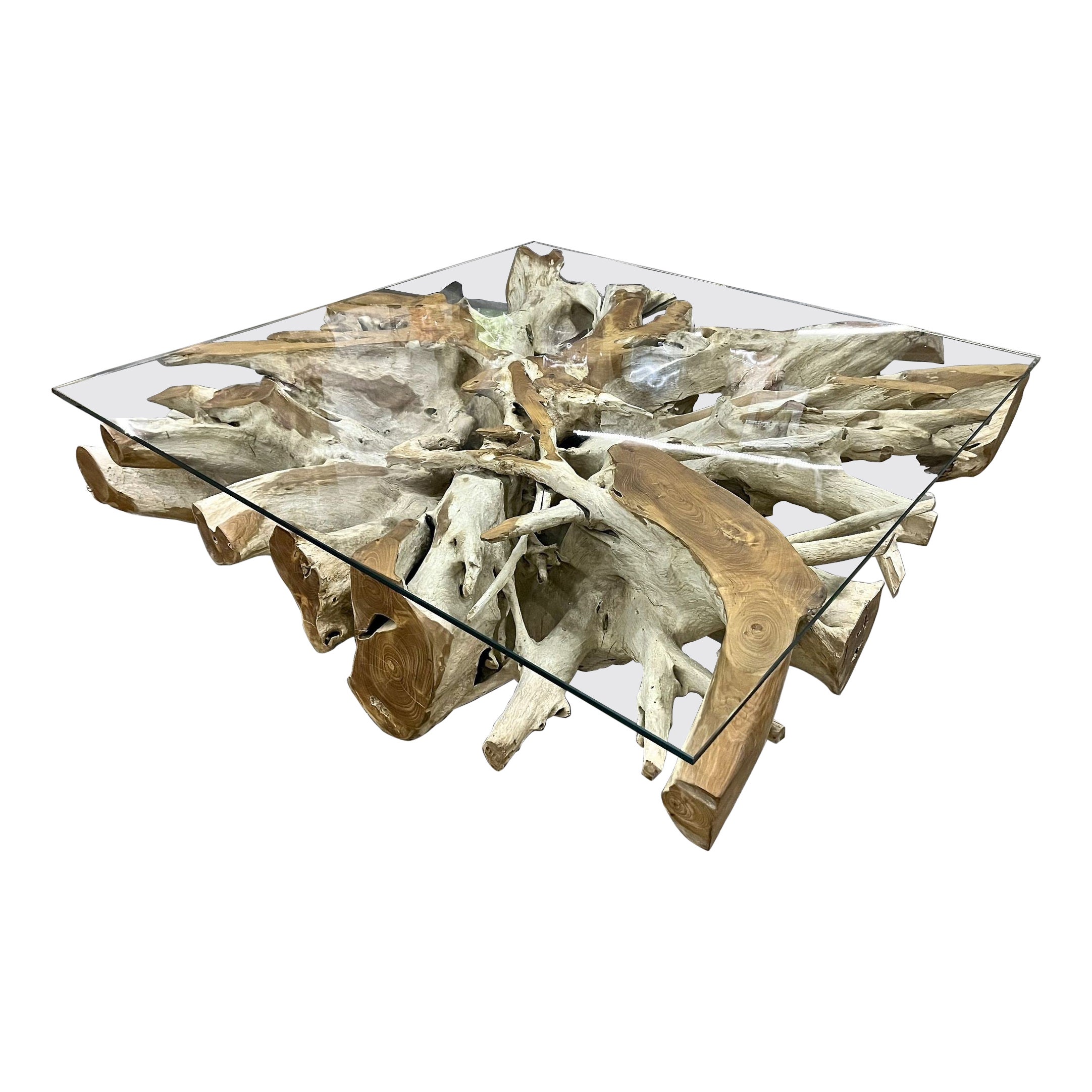 Organic Modern Bleeched Teak Root Coffee Table With Glass Plate, IDN 2024 For Sale