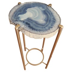 Organic Modern Blue and Gray Geode Drink Table with Gold Gilt Base