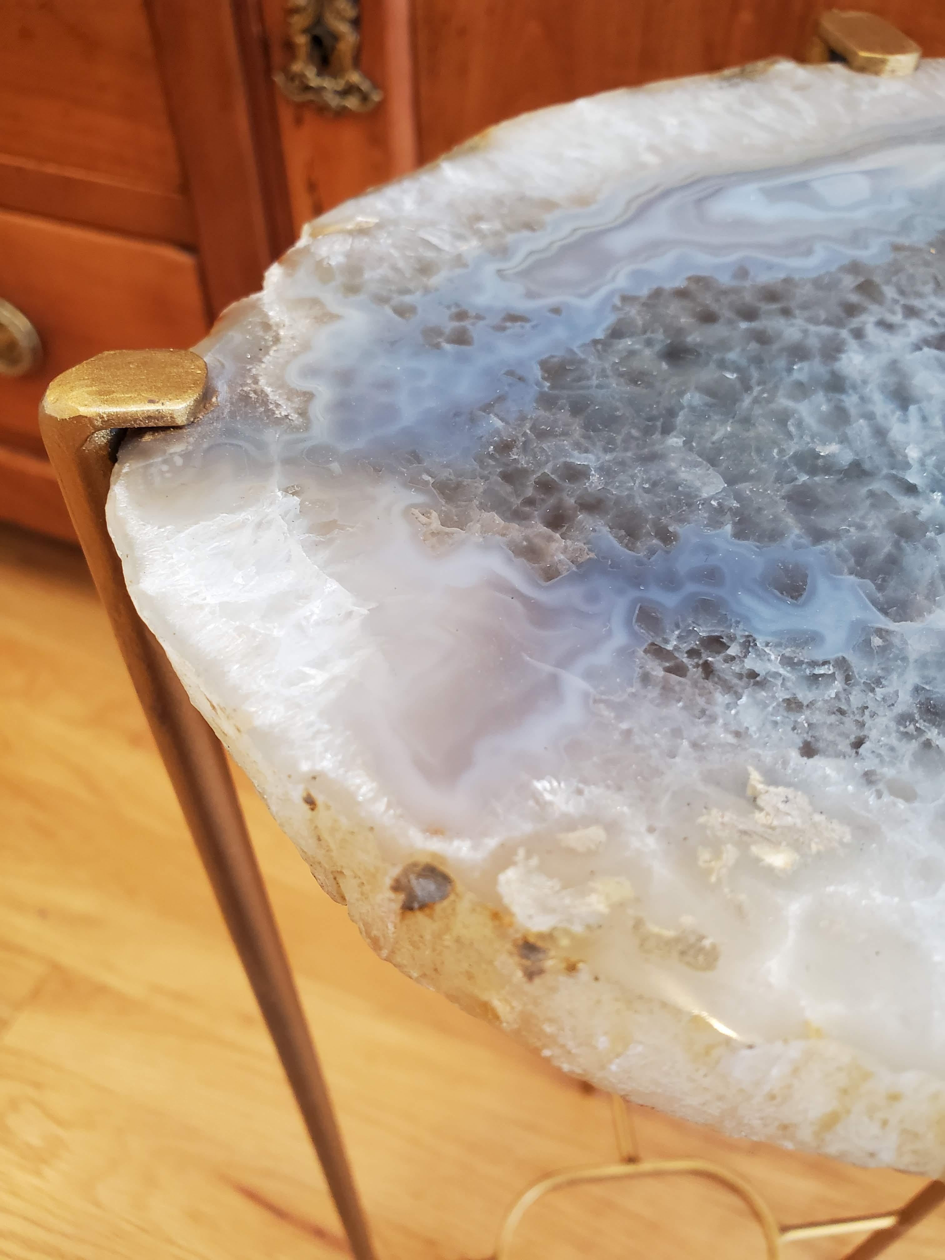 Organic Modern Blue and White Geode Drink Table with Gold Gilt Base In New Condition In Middleburg, VA
