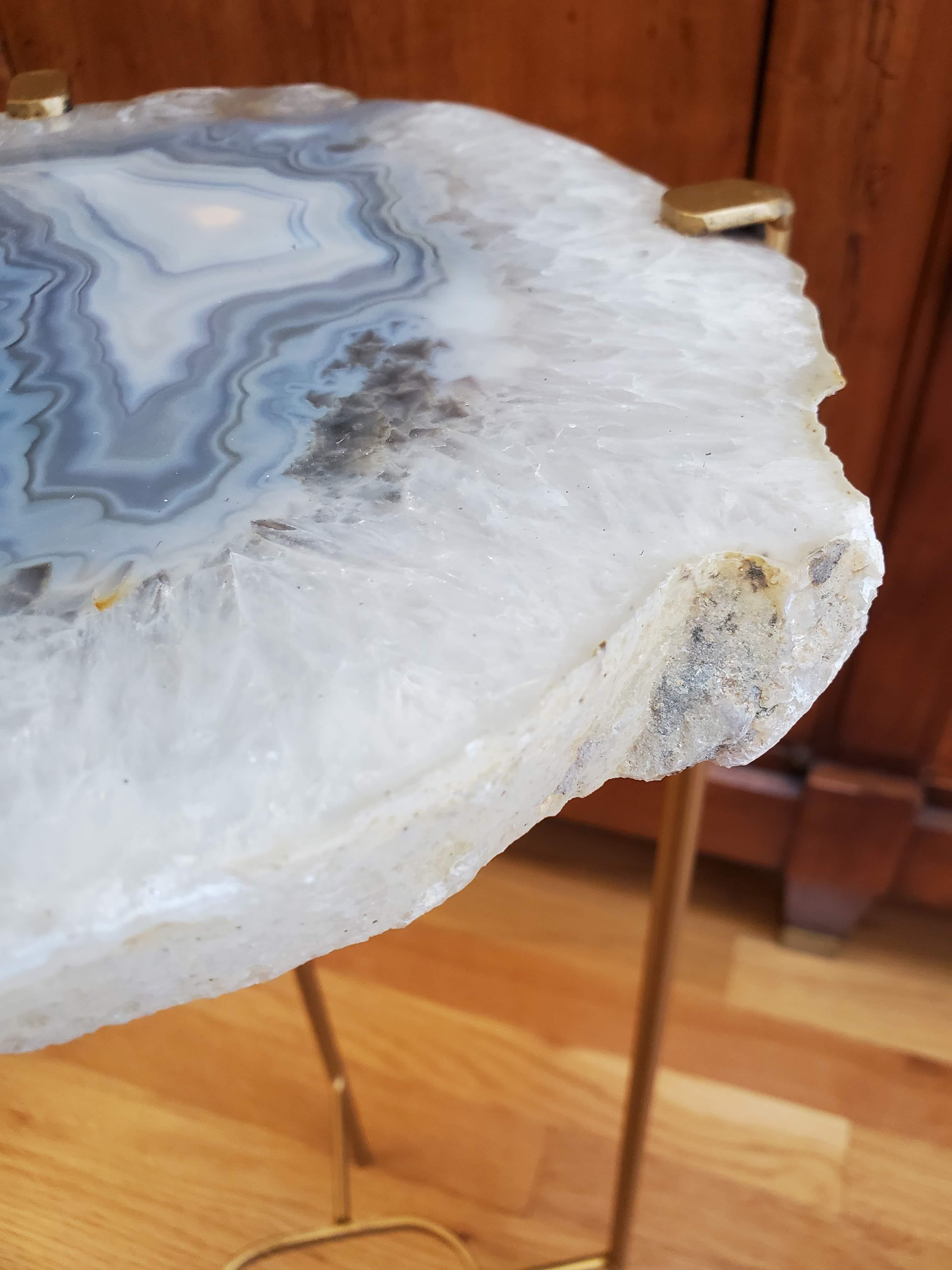 Contemporary Organic Modern Blue and White Geode Drink Table with Gold Gilt Base
