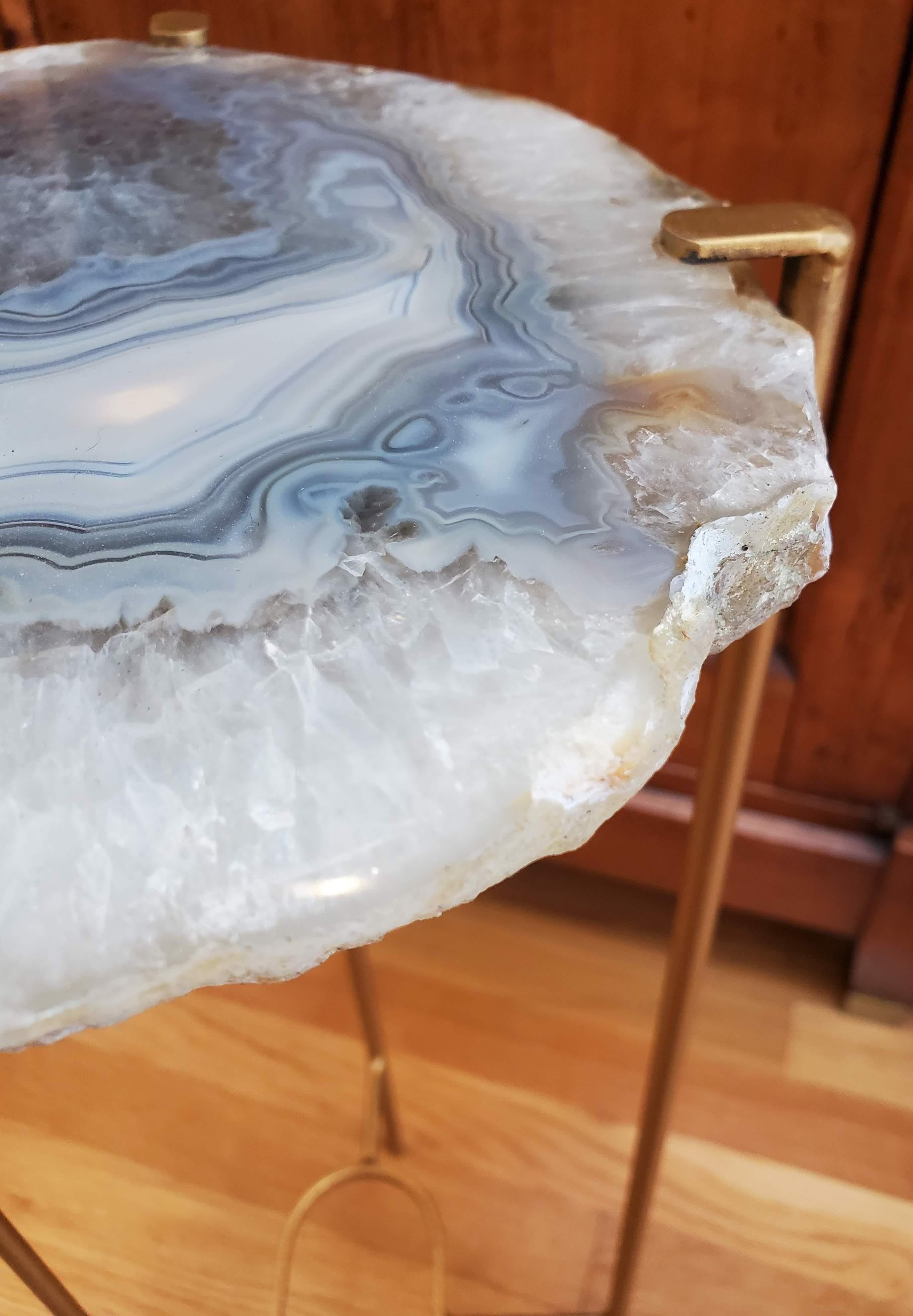 Steel Organic Modern Blue and White Geode Drink Table with Gold Gilt Base