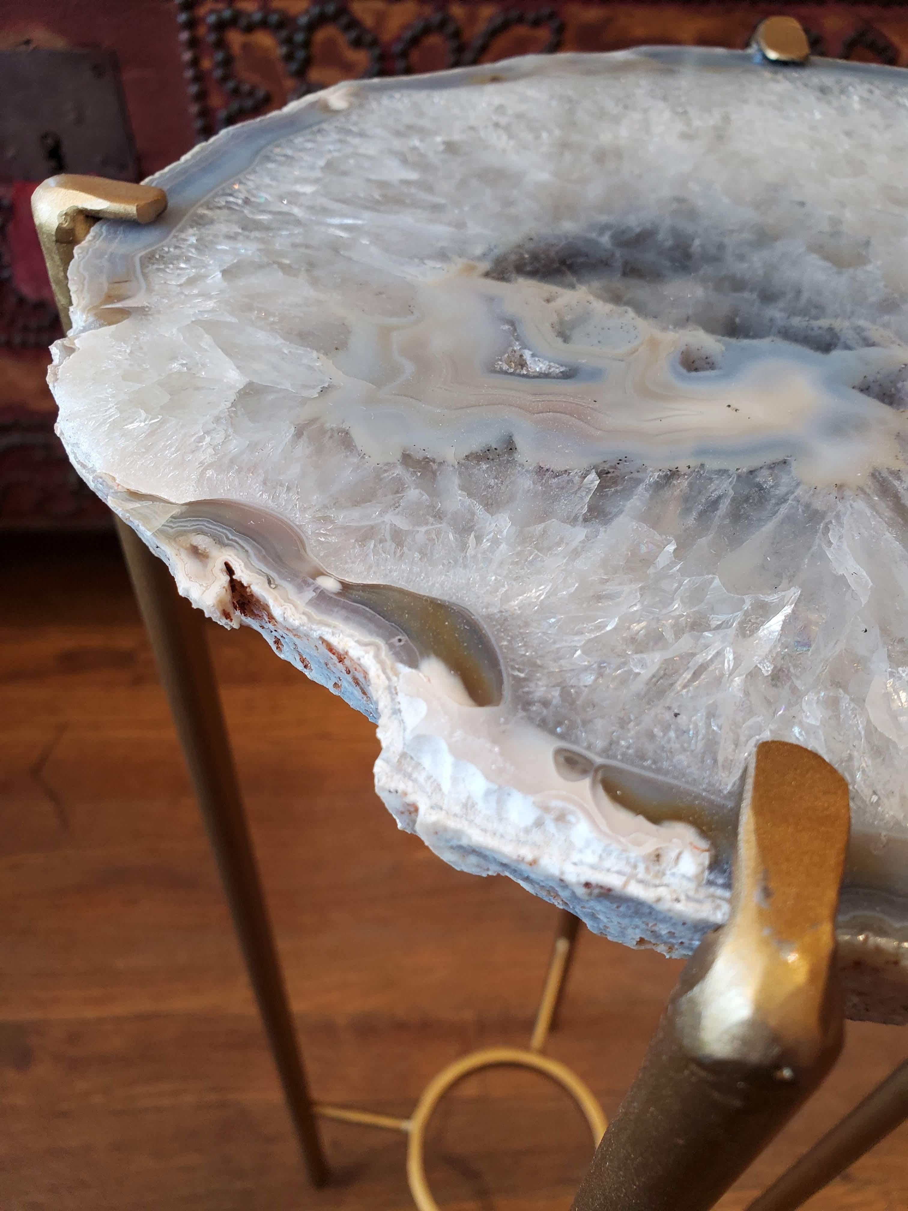 Organic Modern Blue Gray White Geode Drink Table with Gold Gilt Base In New Condition In Middleburg, VA