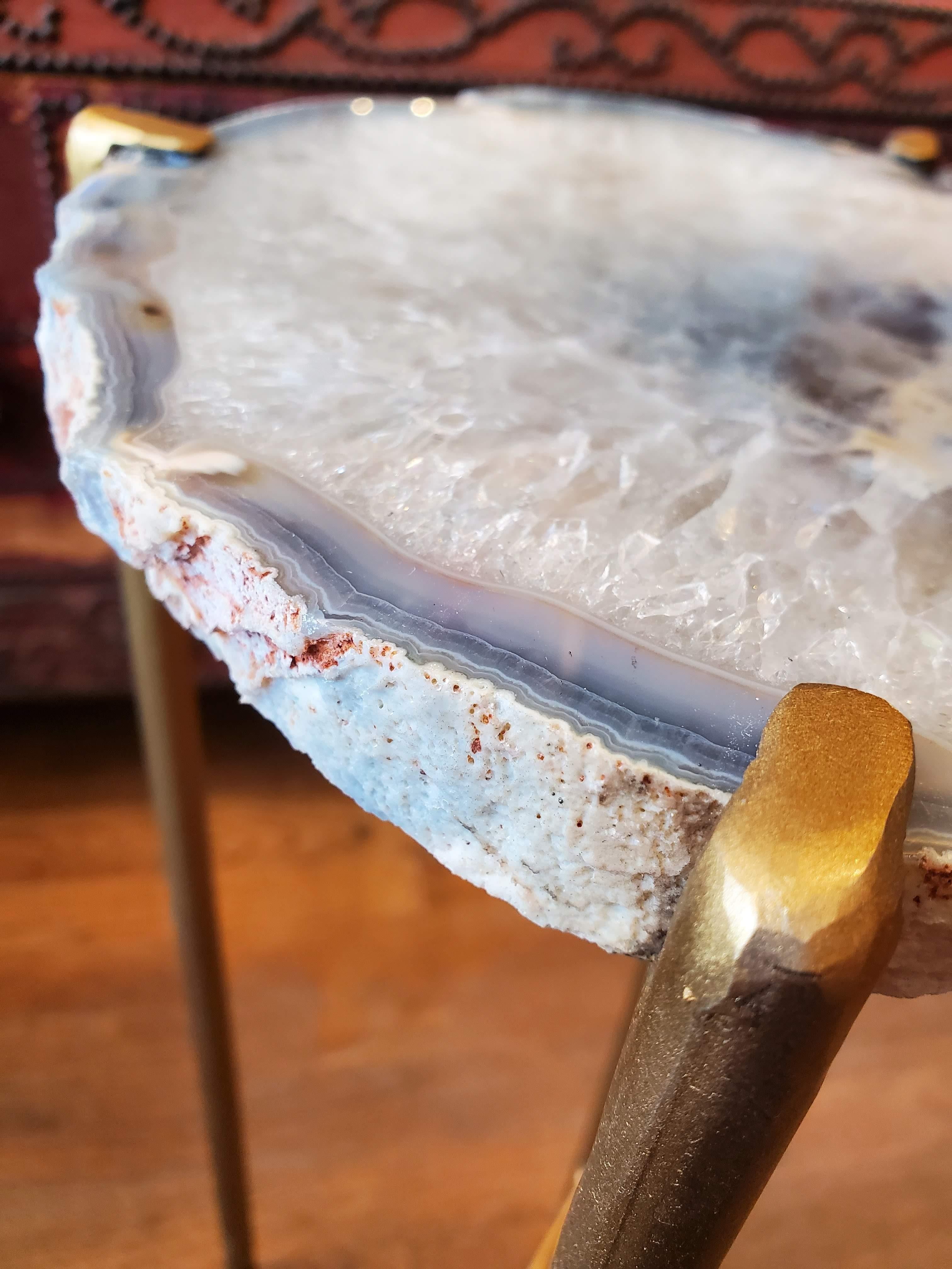 Steel Organic Modern Blue Gray White Geode Drink Table with Gold Gilt Base