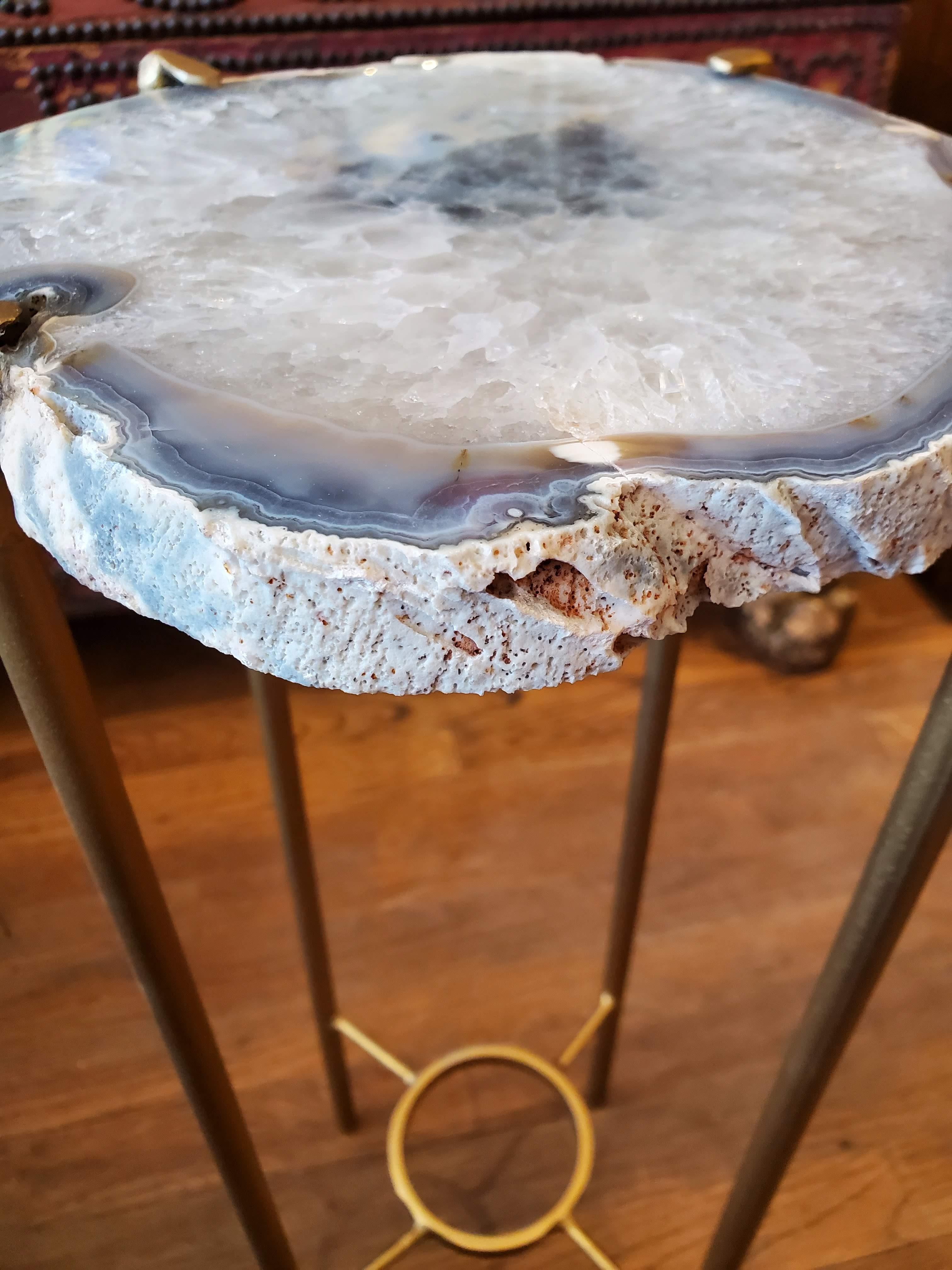 Organic Modern Blue Gray White Geode Drink Table with Gold Gilt Base 1